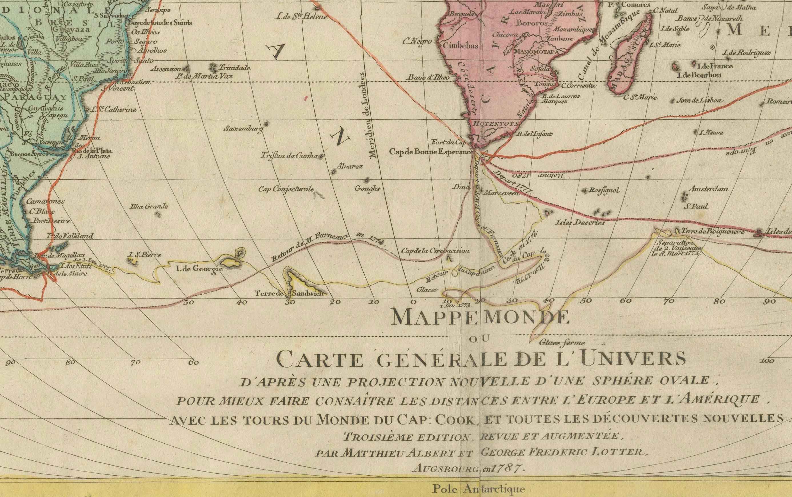 Paper Large 1778 Lotter World Map - Ovoid Projection with Captain Cook's Voyage Routes