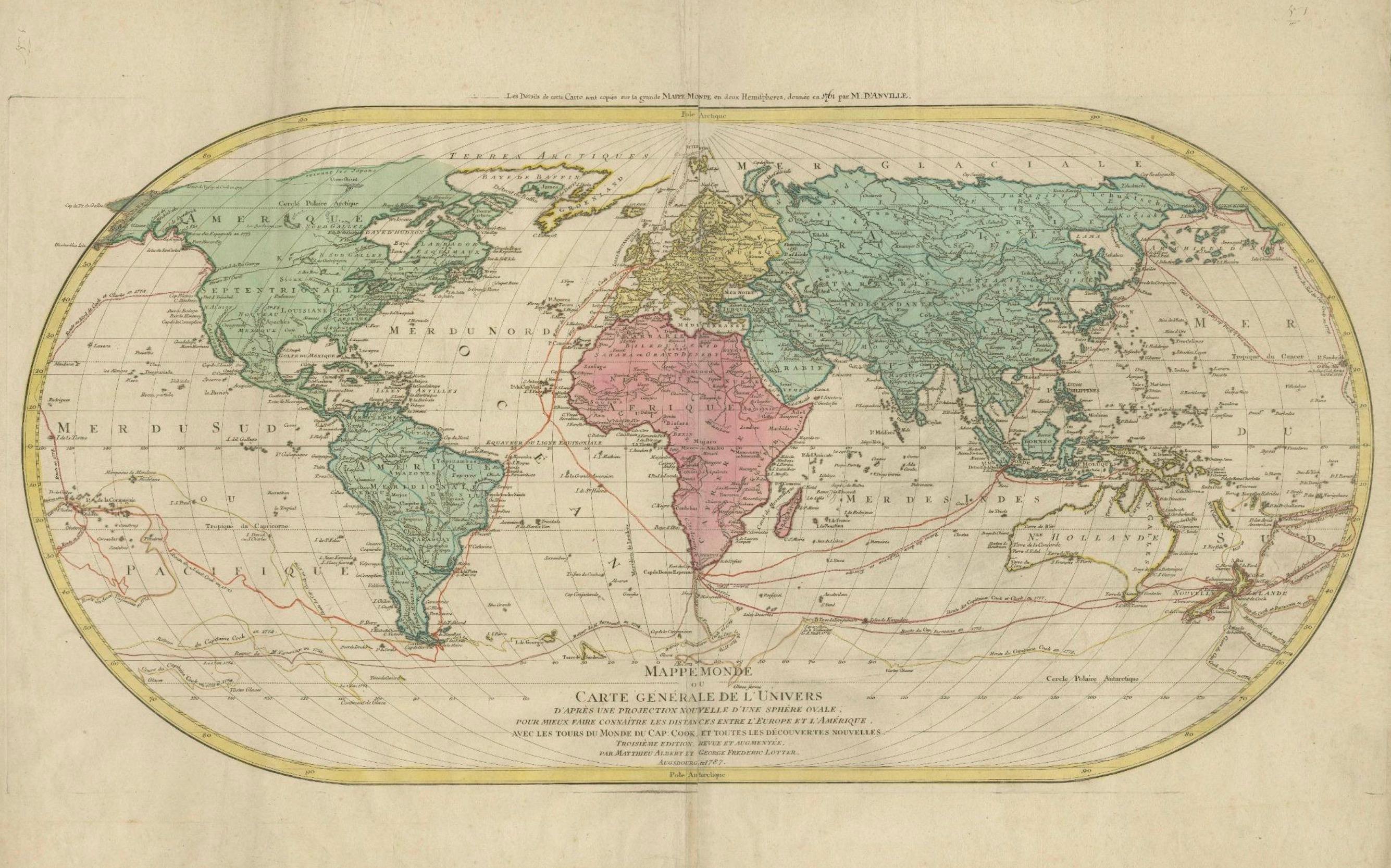 Large 1778 Lotter World Map - Ovoid Projection with Captain Cook's Voyage Routes 1
