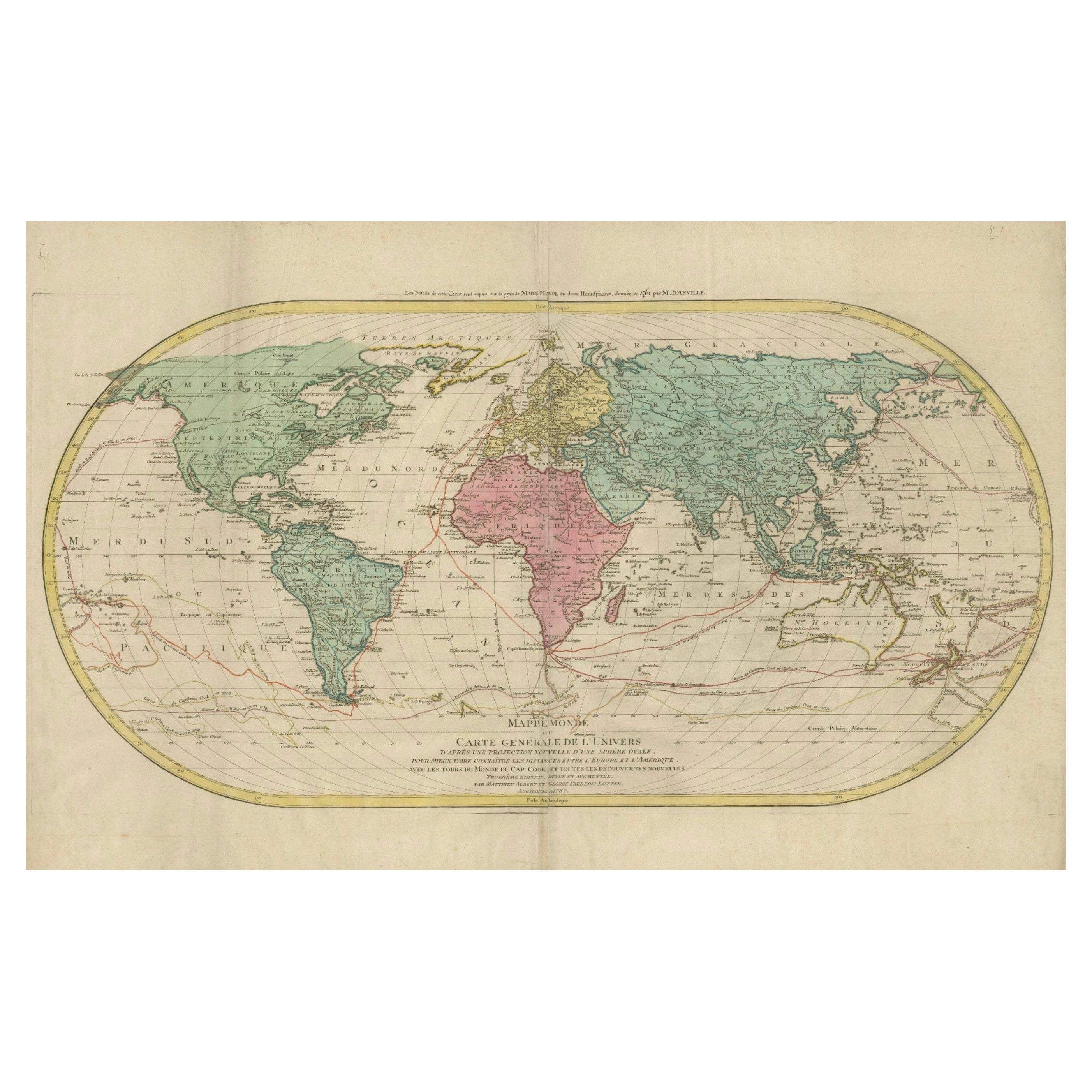 Large 1778 Lotter World Map - Ovoid Projection with Captain Cook's Voyage Routes