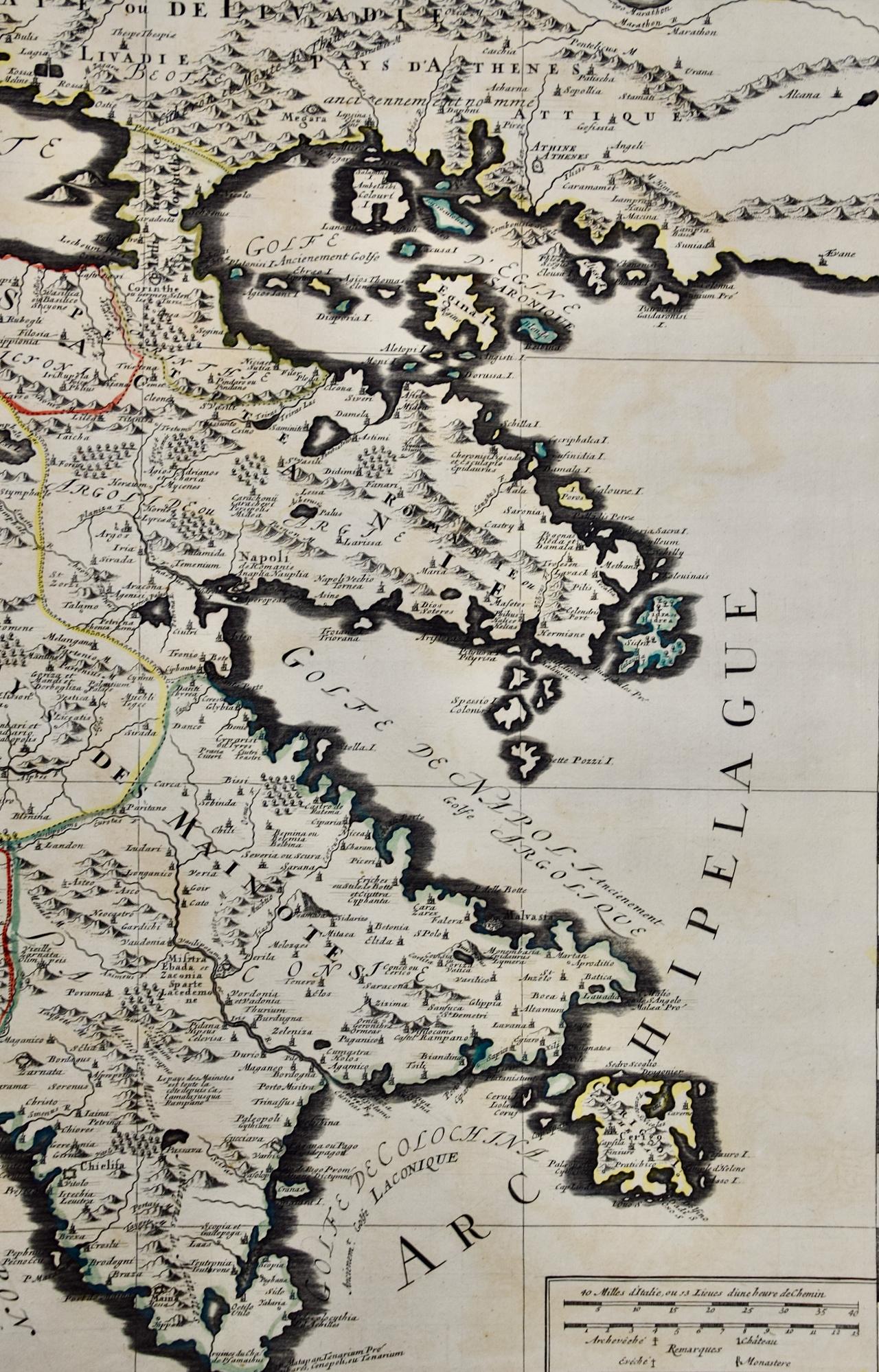 Engraved Southern Greece: A Large 17th C. Hand-colored Map by Sanson and Jaillot For Sale