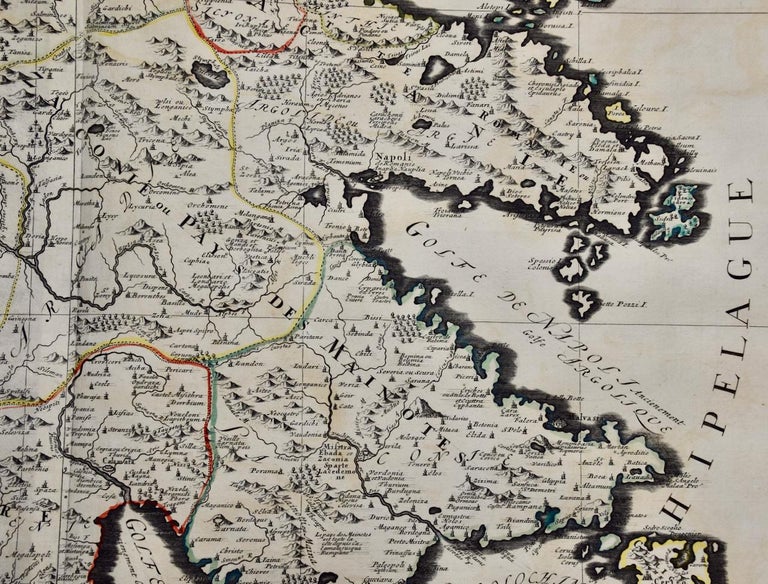 Paper Southern Greece: A Large 17th C. Hand-colored Map by Sanson and Jaillot For Sale