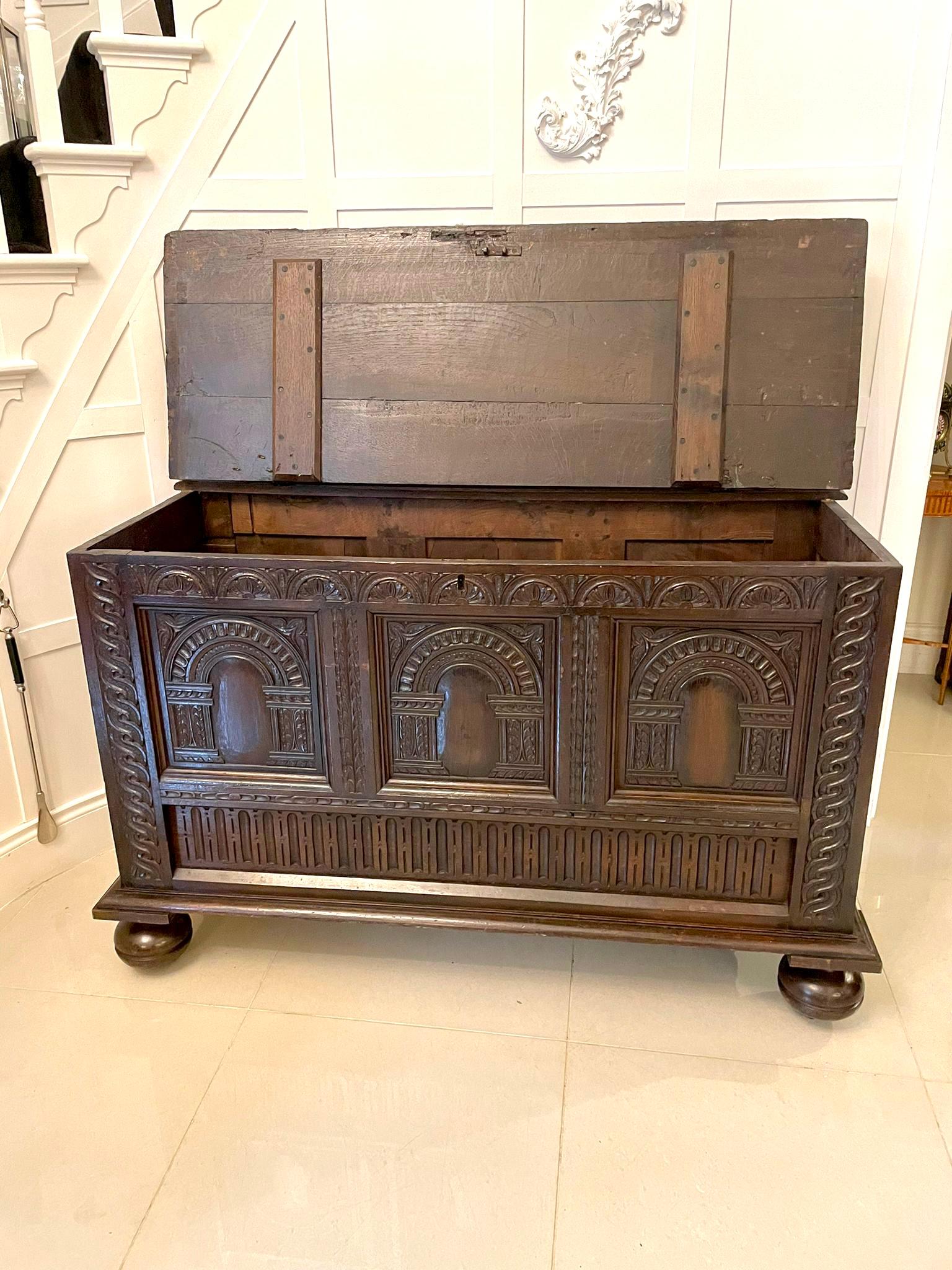 Large 17th Century Antique Quality Carved Oak Coffer For Sale 8
