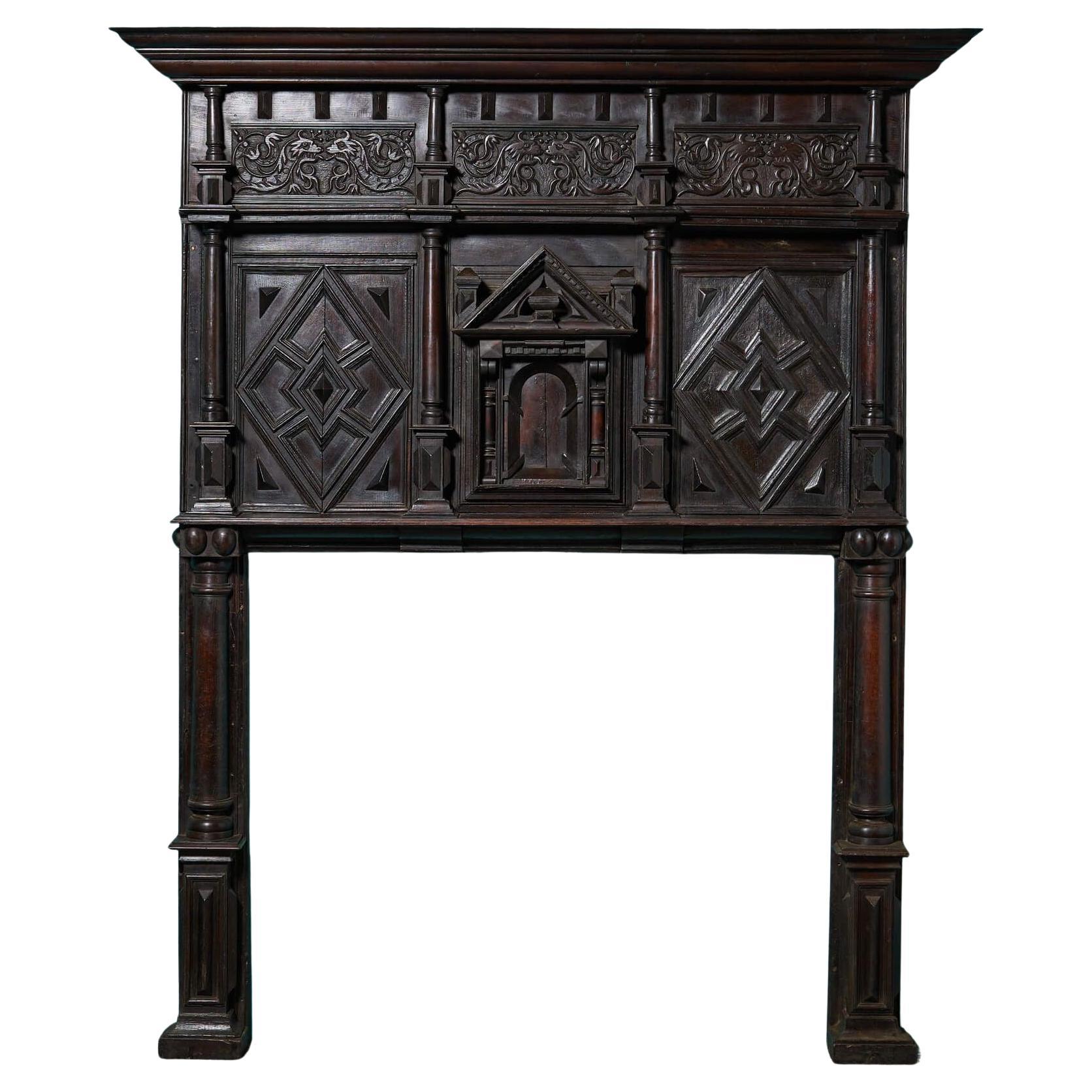 Large 17th Century Carved Oak Fire Mantel For Sale