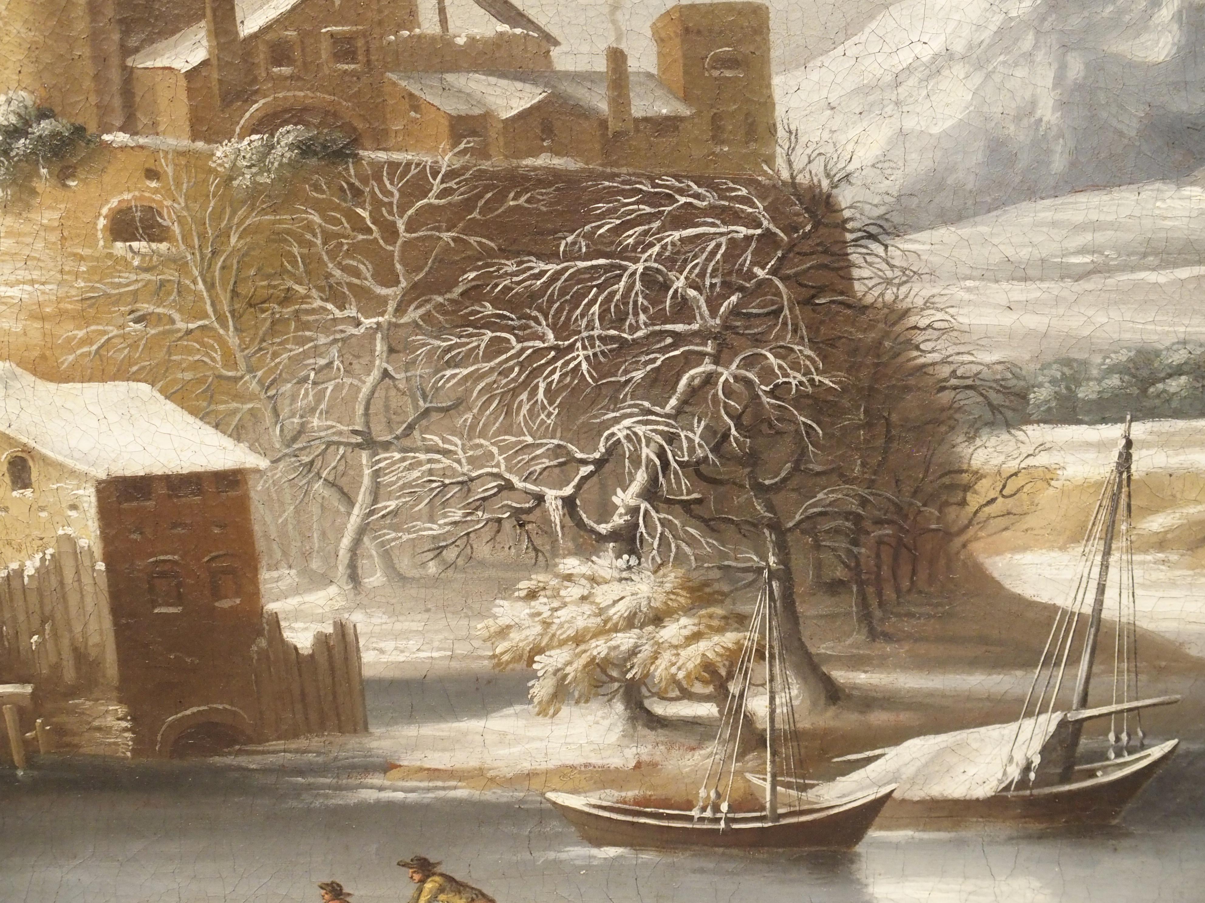 Large 17th Century Dutch Winter Scene Painting in Giltwood Frame 8