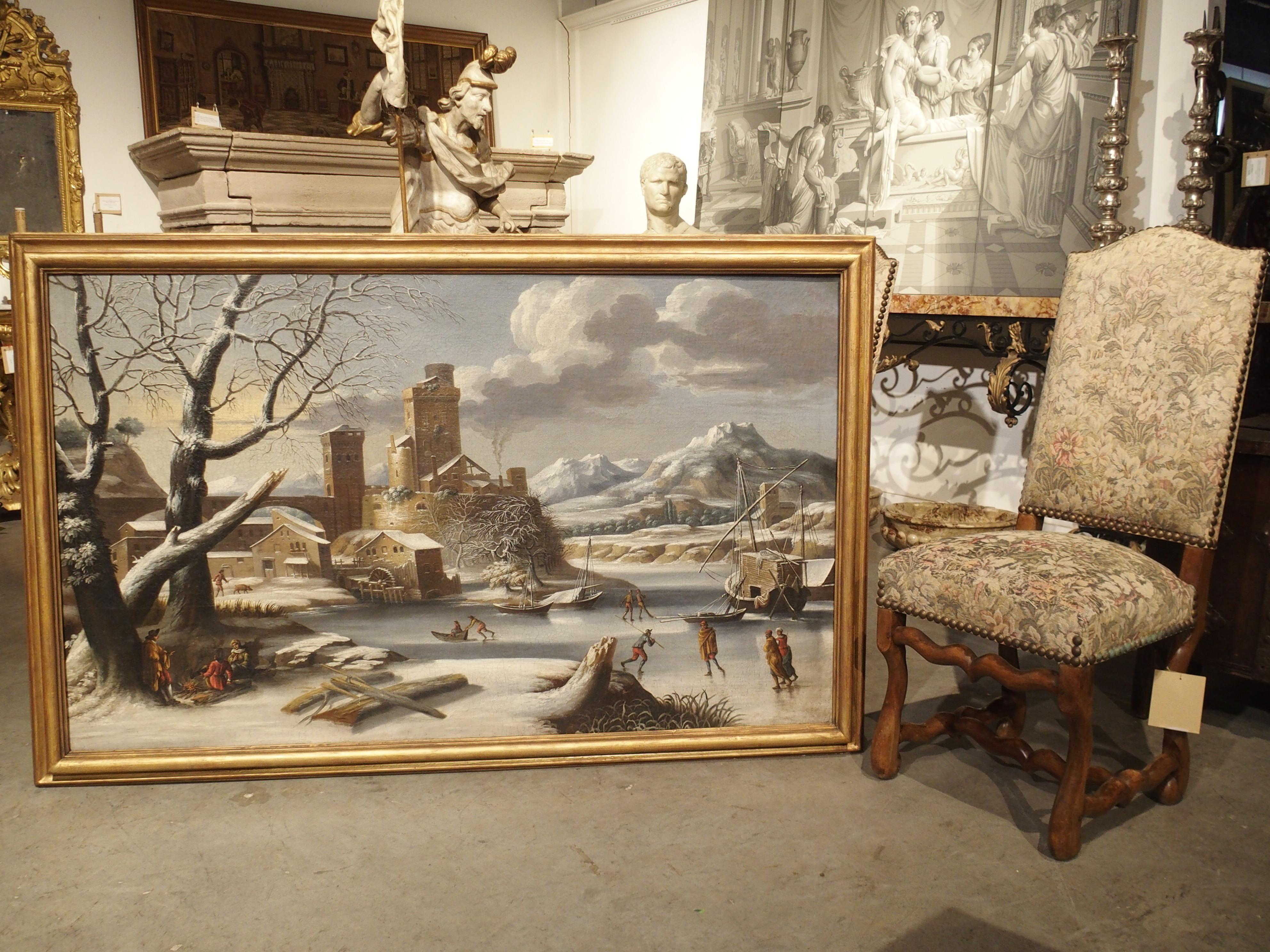 Large 17th Century Dutch Winter Scene Painting in Giltwood Frame 12