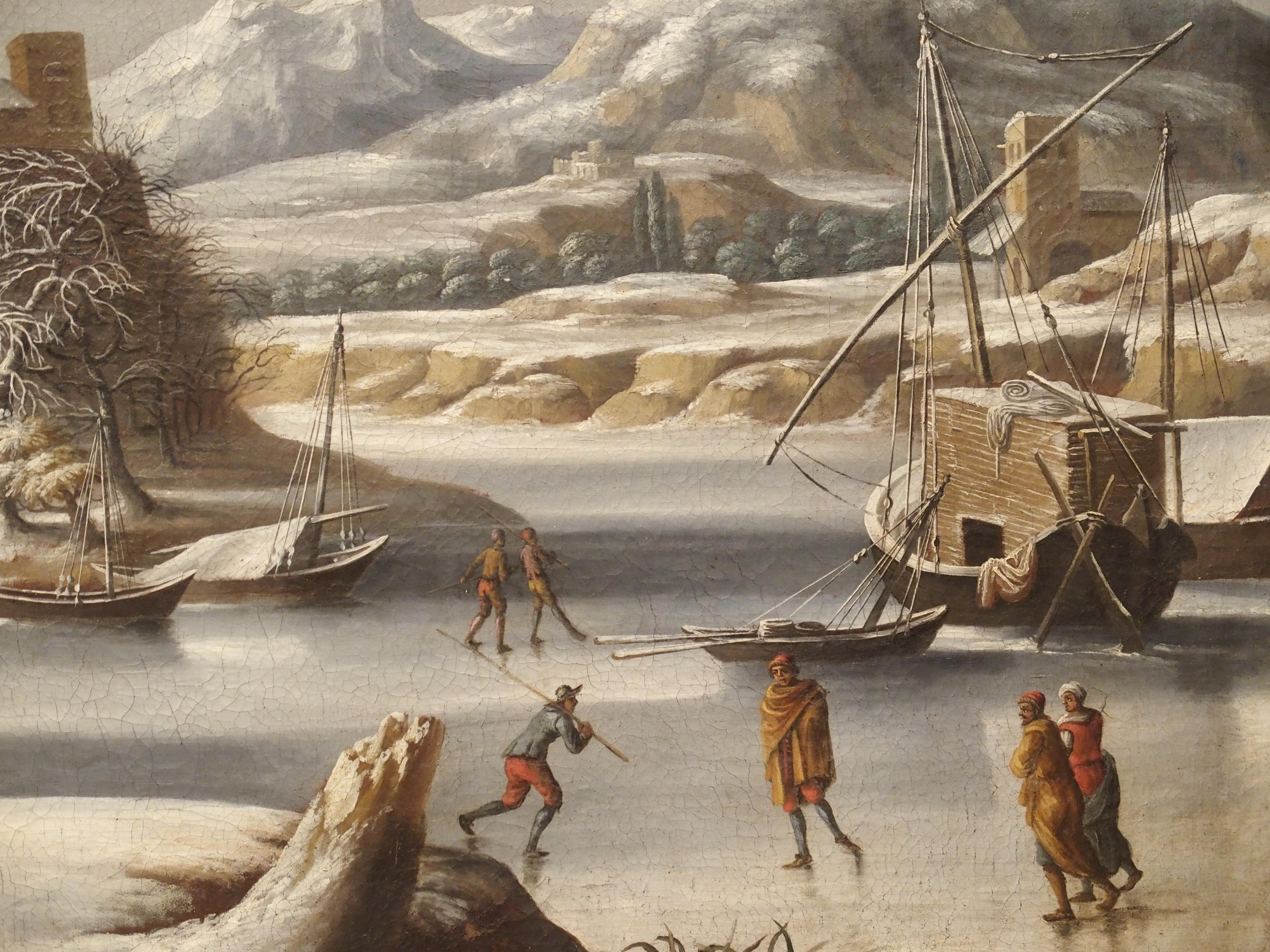 This large outdoor winter scene in a giltwood frame was painted in the Netherlands in the 1600’s. It was in the early to mid 1600s that Belgium and the Netherlands experienced what is known as “the little ice age”. Scientists can now confirm that