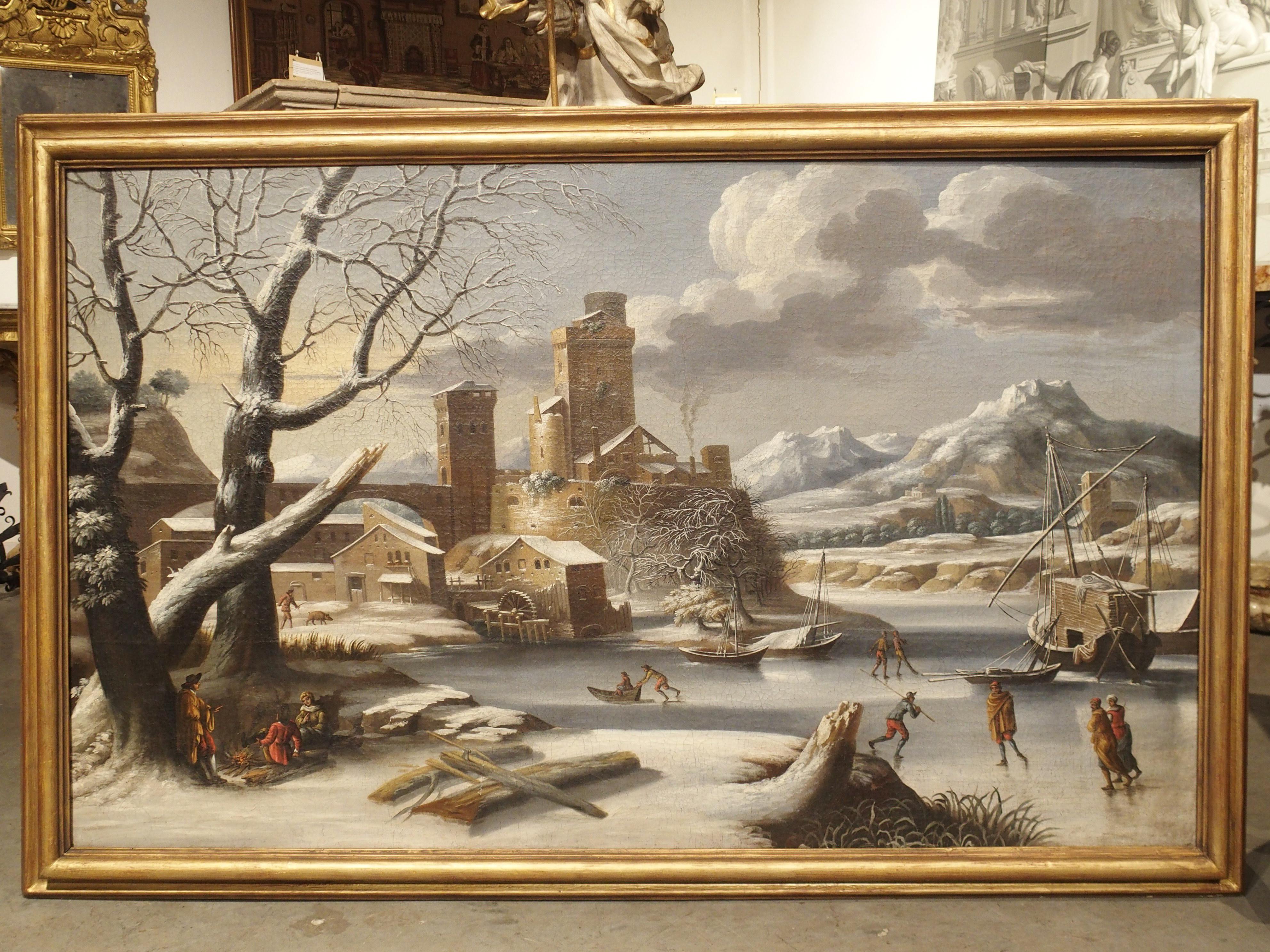 Large 17th Century Dutch Winter Scene Painting in Giltwood Frame 14