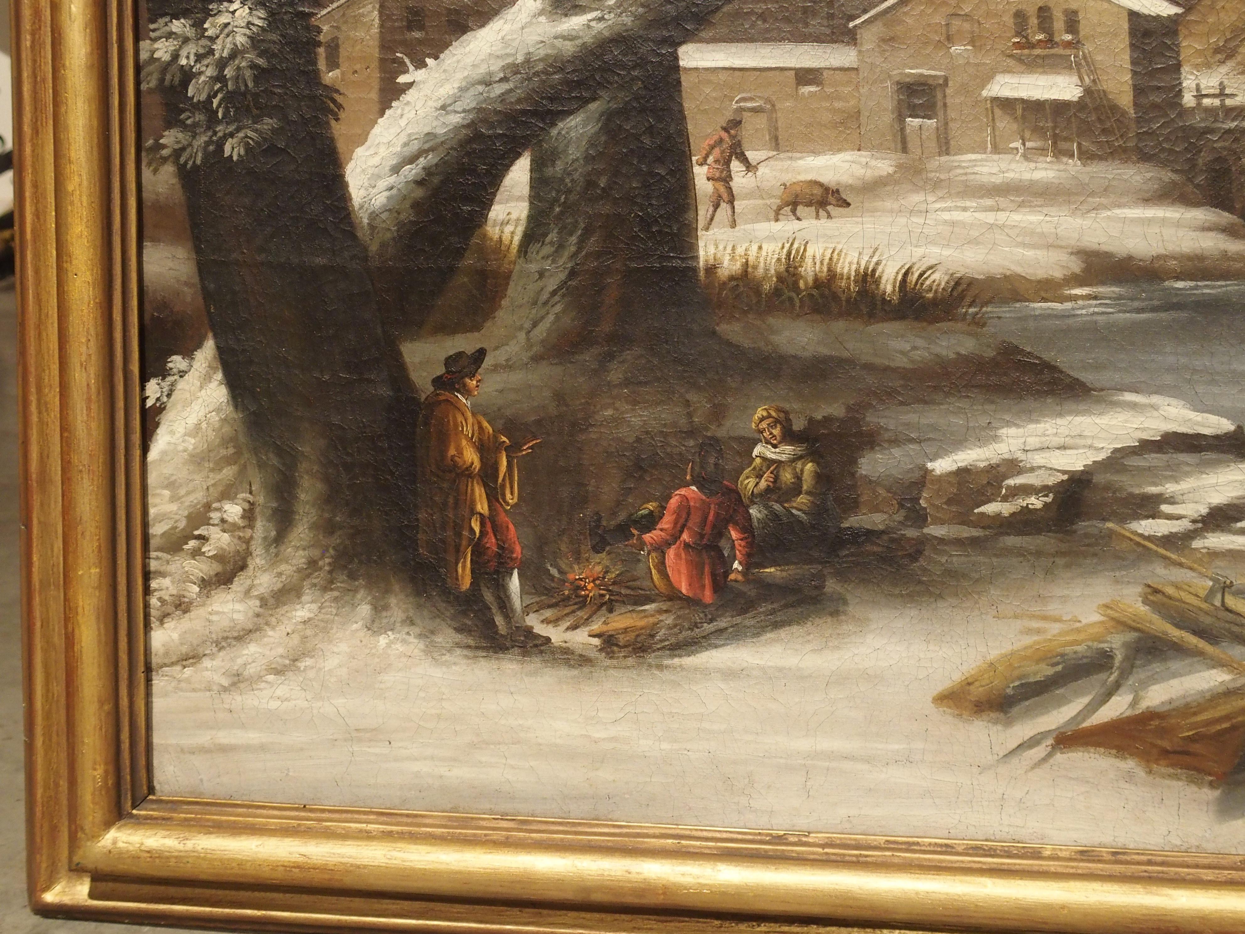 Large 17th Century Dutch Winter Scene Painting in Giltwood Frame In Good Condition In Dallas, TX
