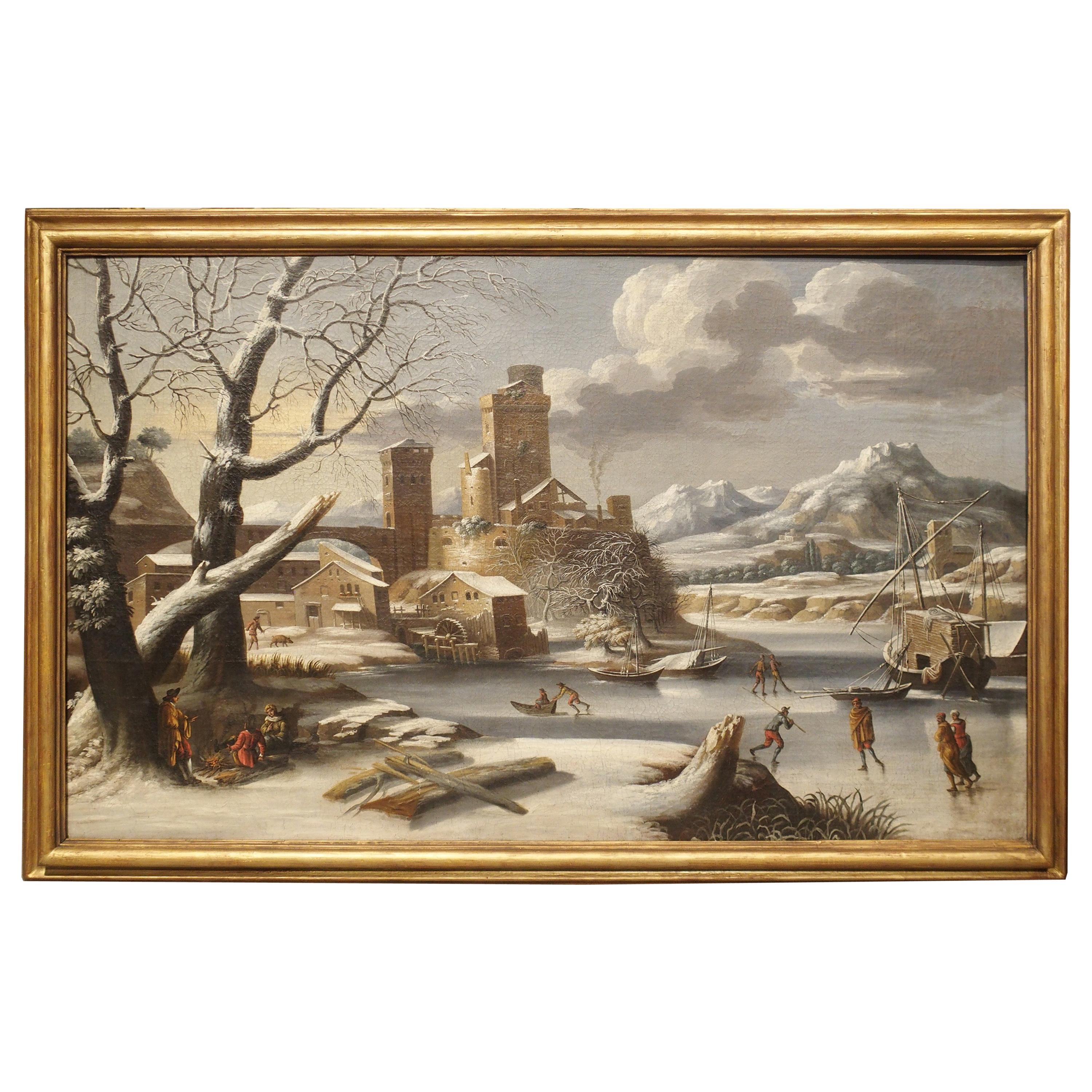 Large 17th Century Dutch Winter Scene Painting in Giltwood Frame