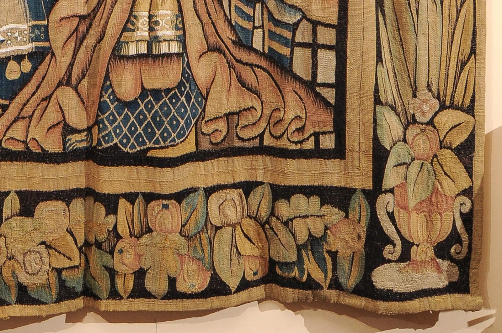 Large 17th Century Flemish Tapestry with Court Scene and Original Border For Sale 6