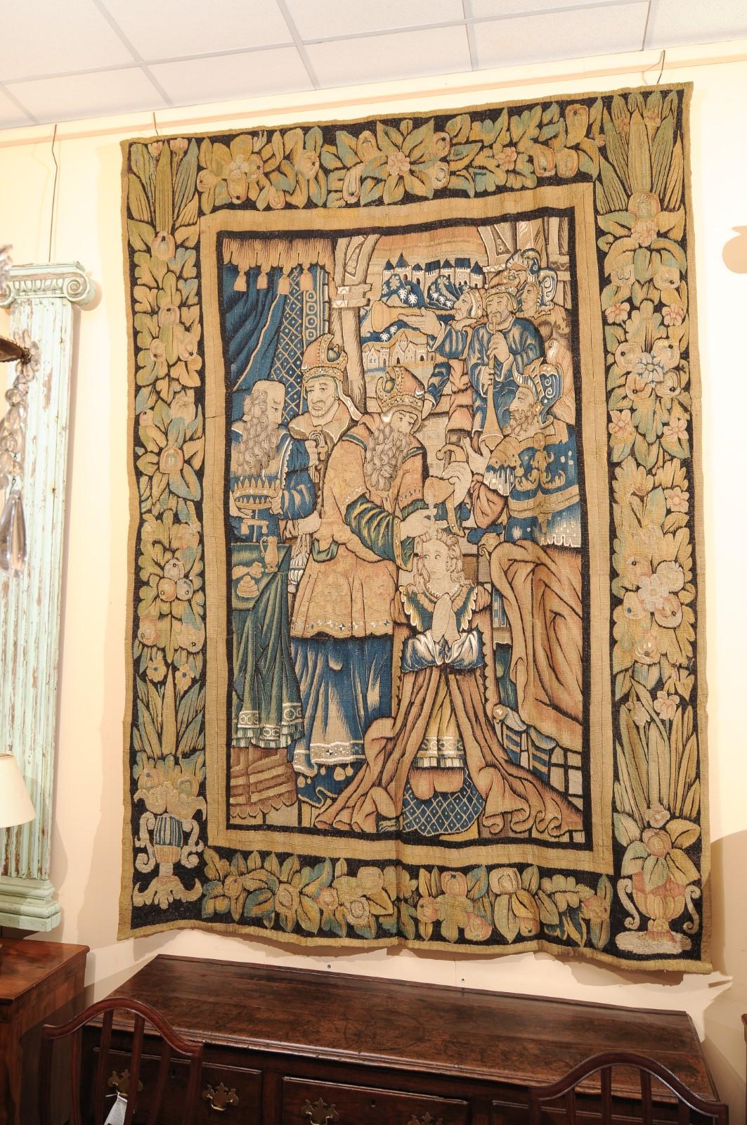 Large 17th Century Flemish Tapestry with Court Scene and Original Border In Fair Condition For Sale In Atlanta, GA