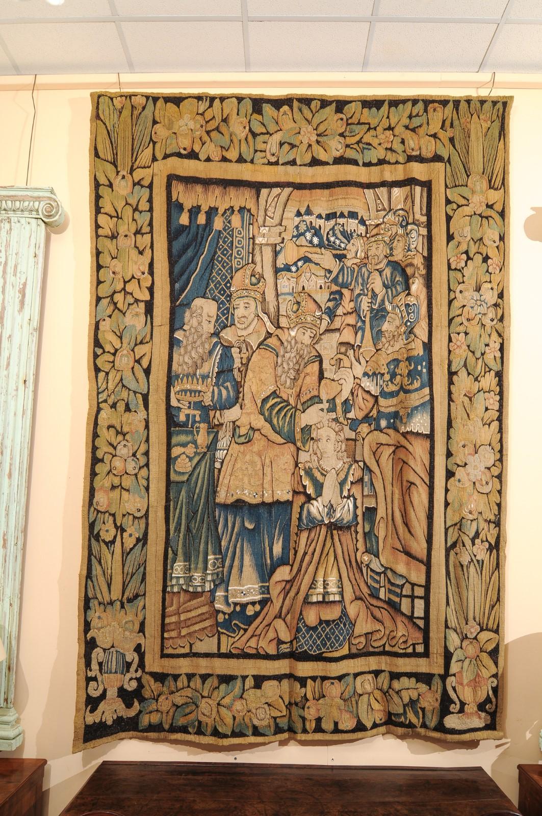 18th Century and Earlier Large 17th Century Flemish Tapestry with Court Scene and Original Border For Sale