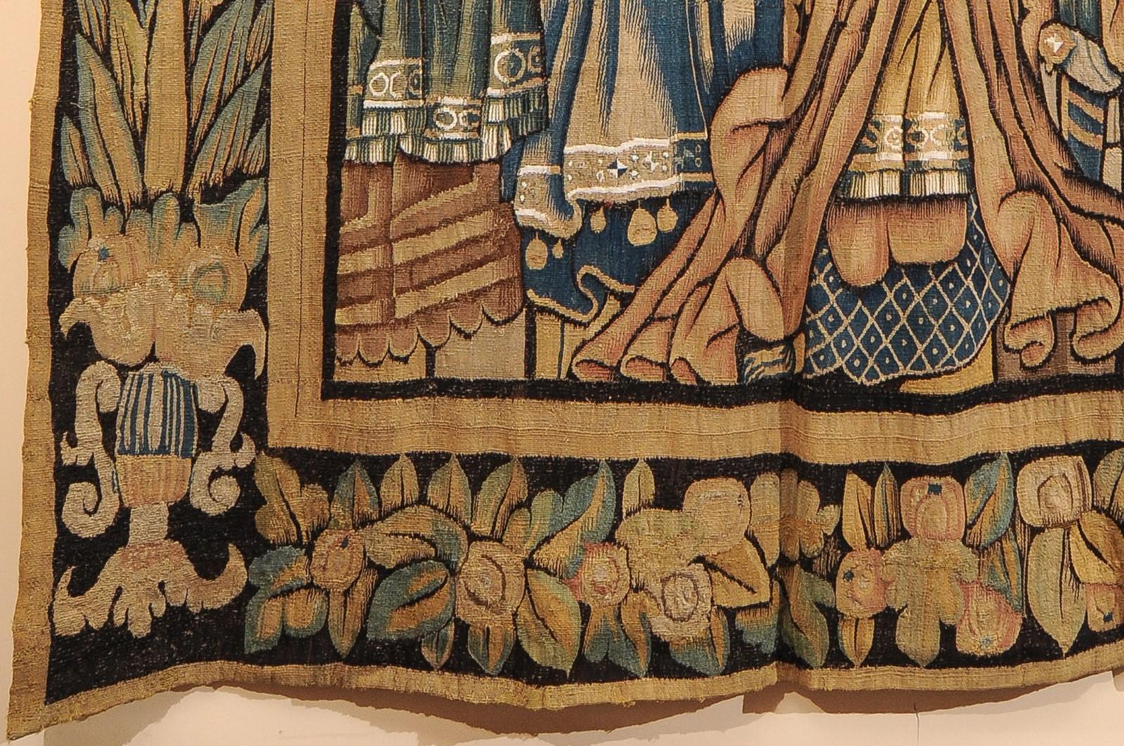 Large 17th Century Flemish Tapestry with Court Scene and Original Border For Sale 5