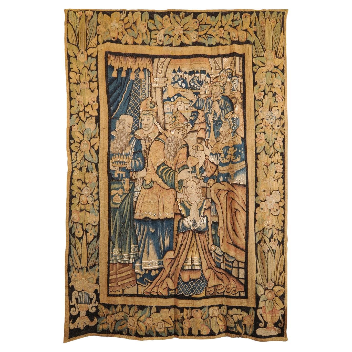 Large 17th Century Flemish Tapestry with Court Scene and Original Border For Sale