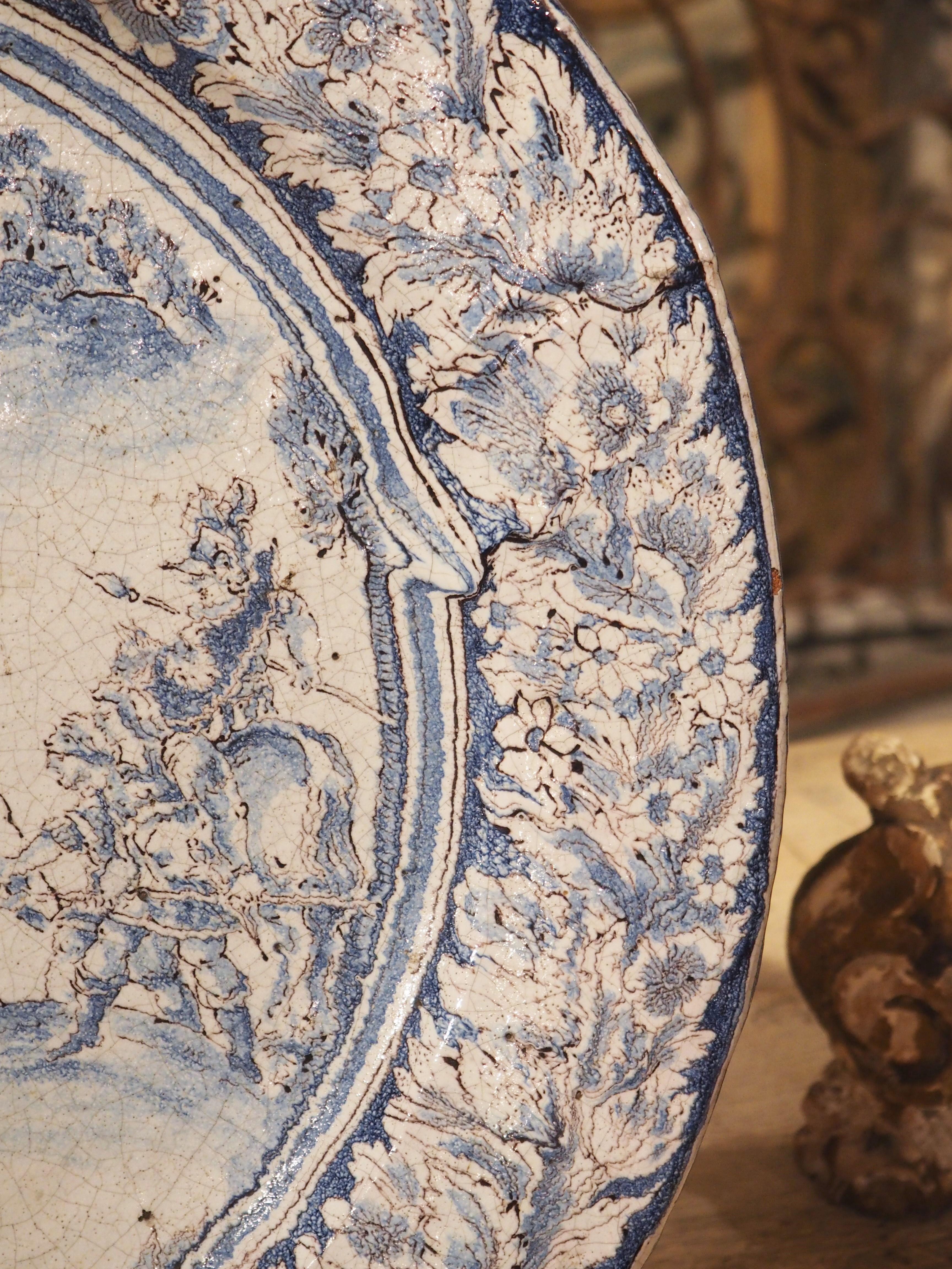 Large 17th Century French Blue and White Faience Platter with Stag Hunt Scene 4