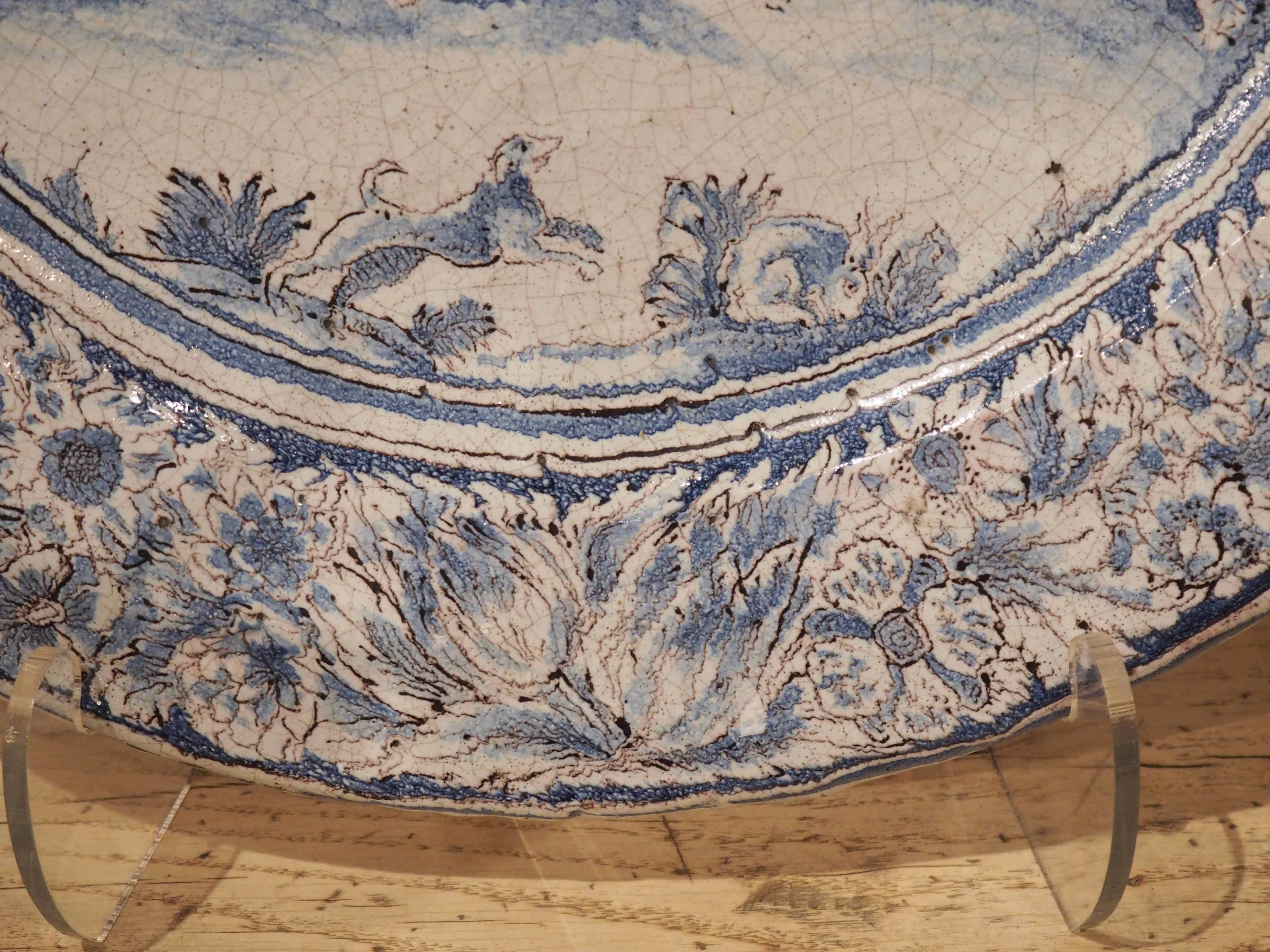 Large 17th Century French Blue and White Faience Platter with Stag Hunt Scene 5
