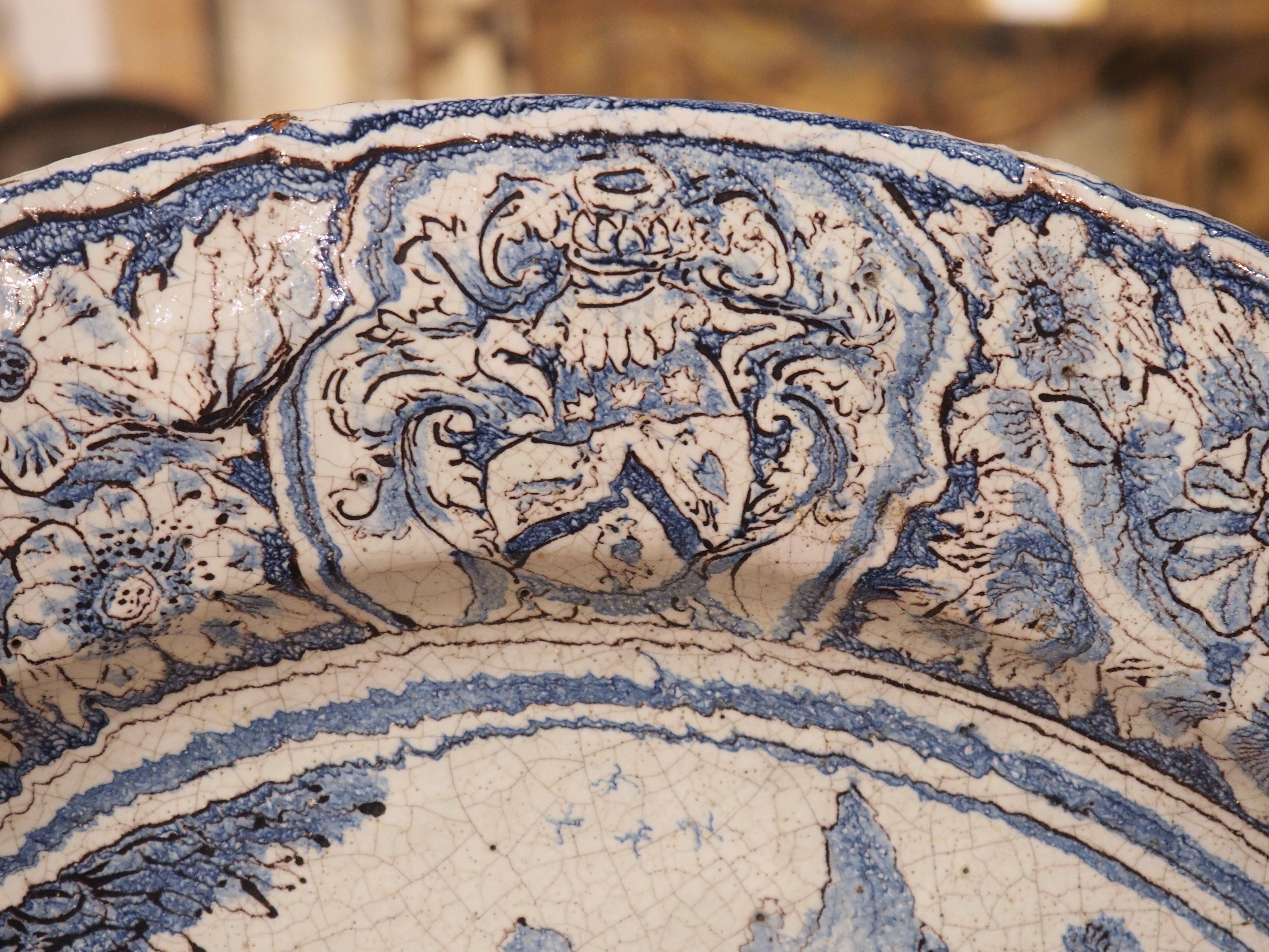 Large 17th Century French Blue and White Faience Platter with Stag Hunt Scene 6