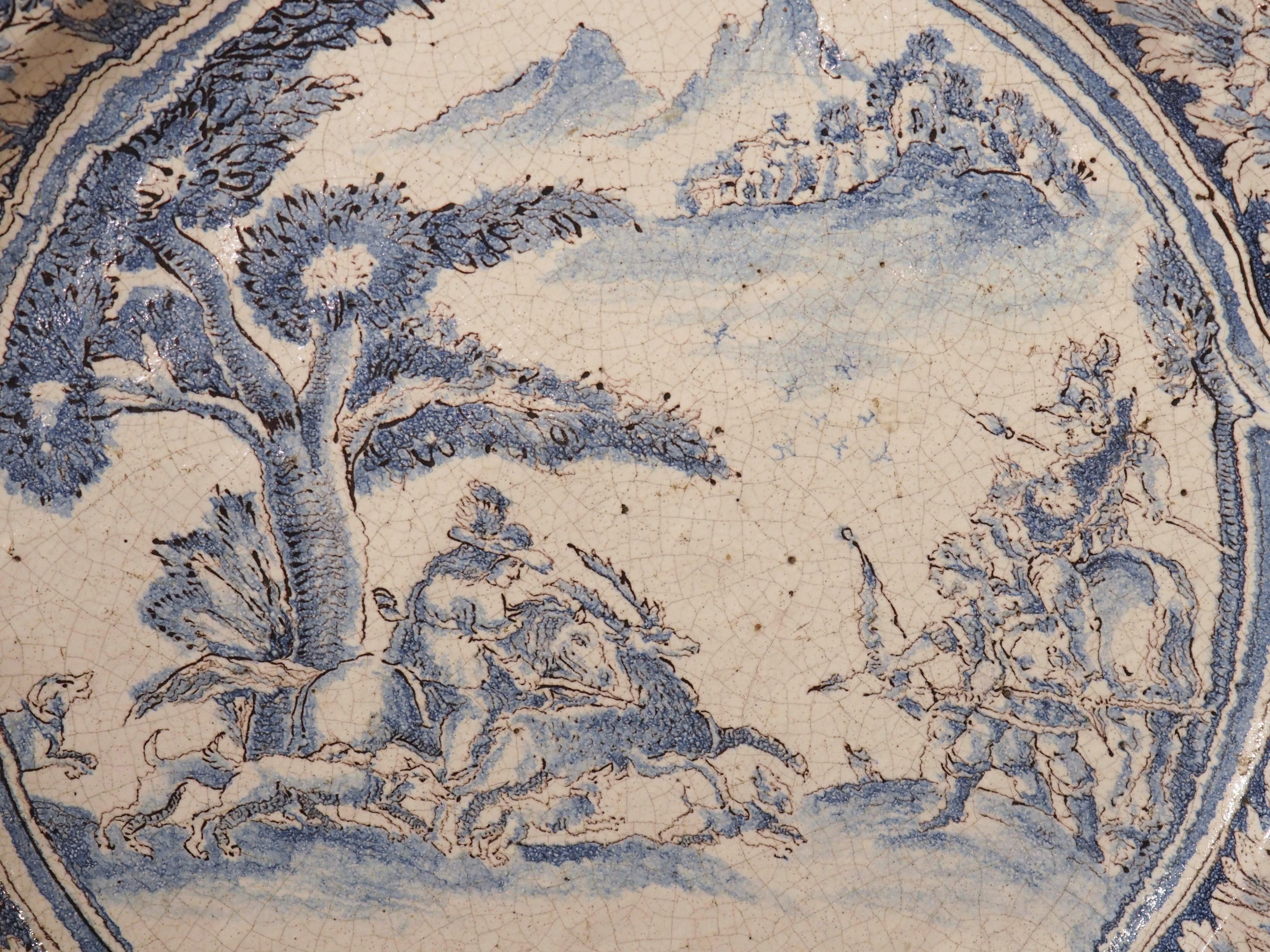 Large 17th Century French Blue and White Faience Platter with Stag Hunt Scene 7
