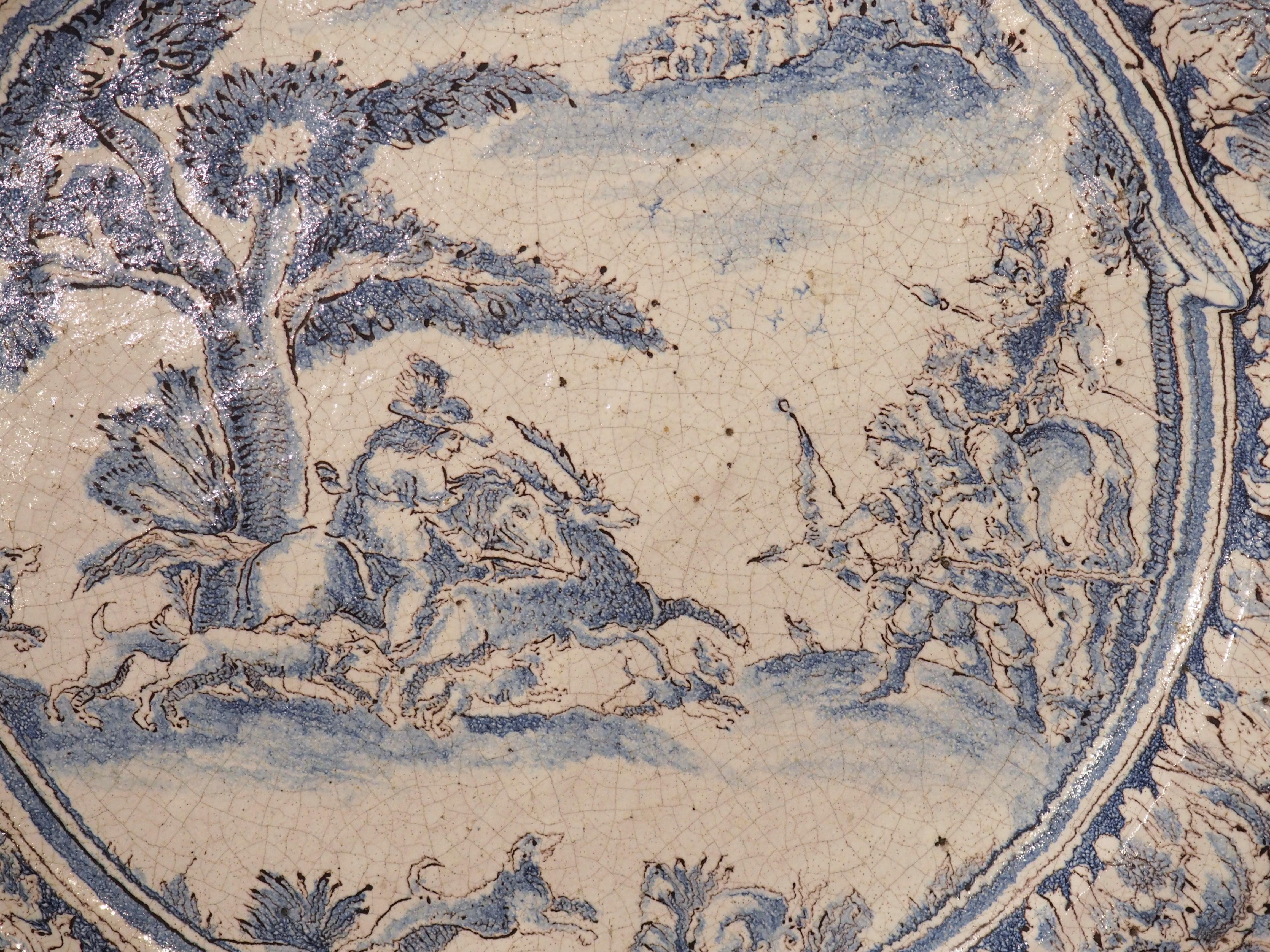 Large 17th Century French Blue and White Faience Platter with Stag Hunt Scene 8