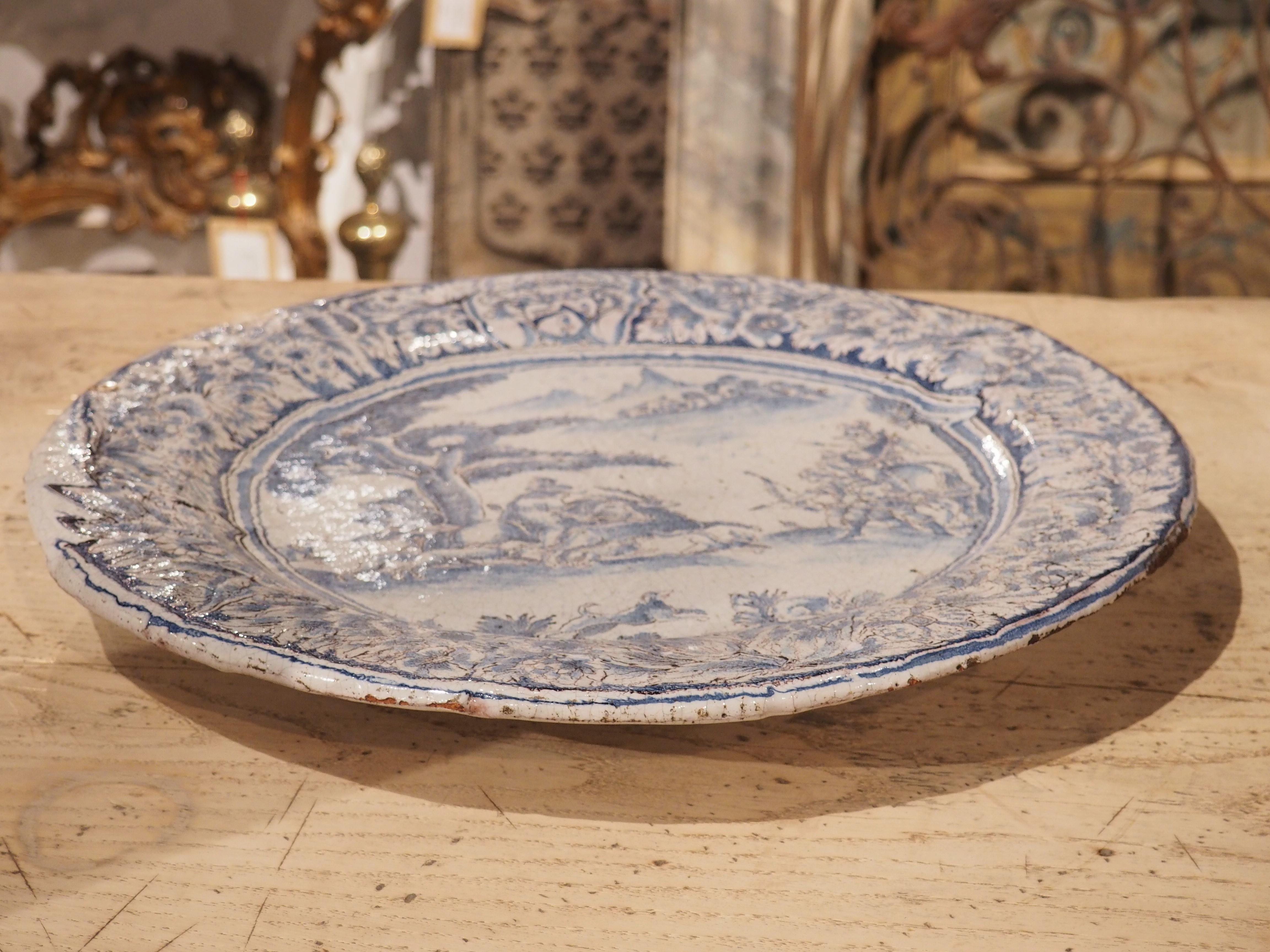 Large 17th Century French Blue and White Faience Platter with Stag Hunt Scene 10