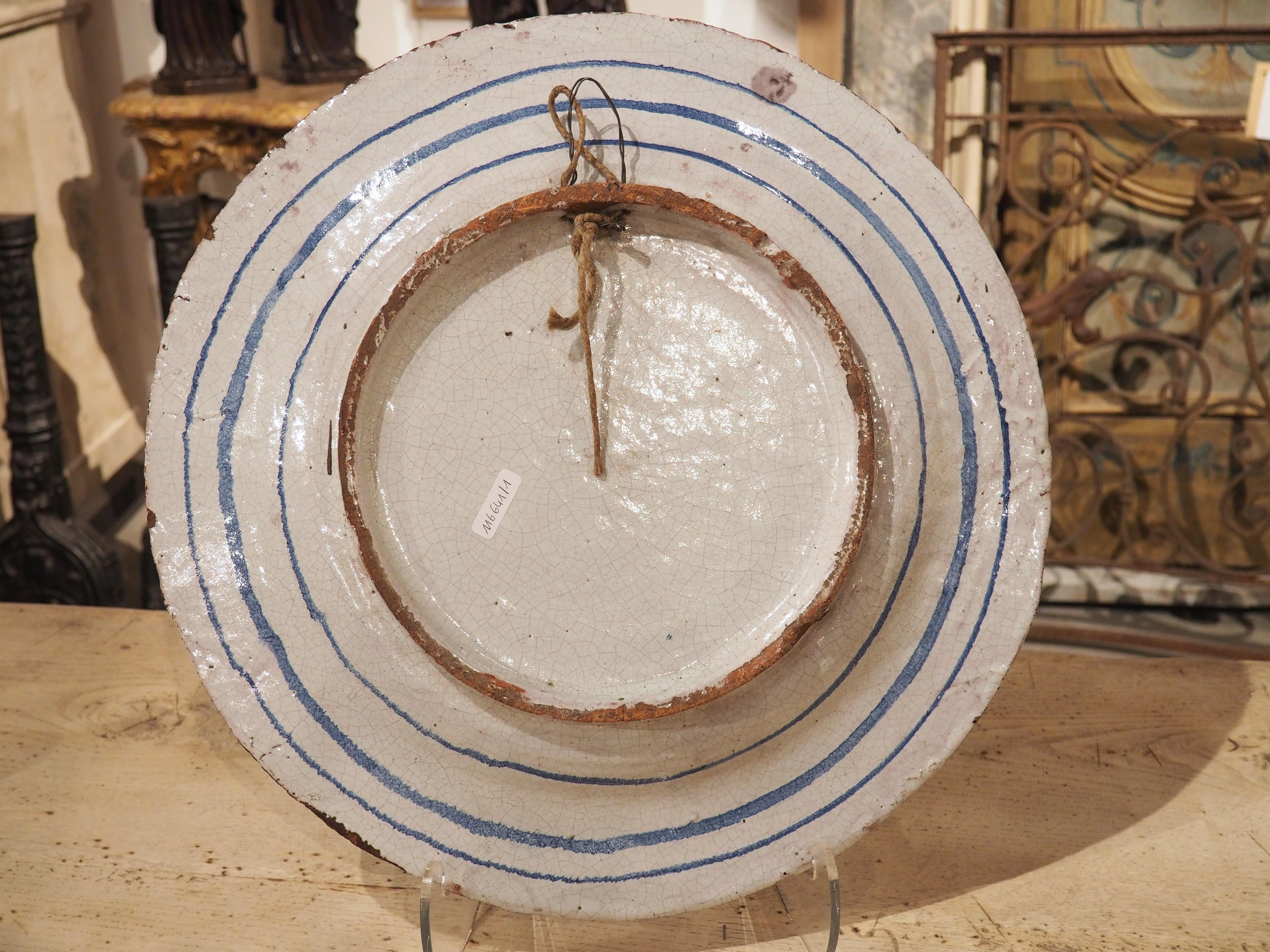 Large 17th Century French Blue and White Faience Platter with Stag Hunt Scene 11