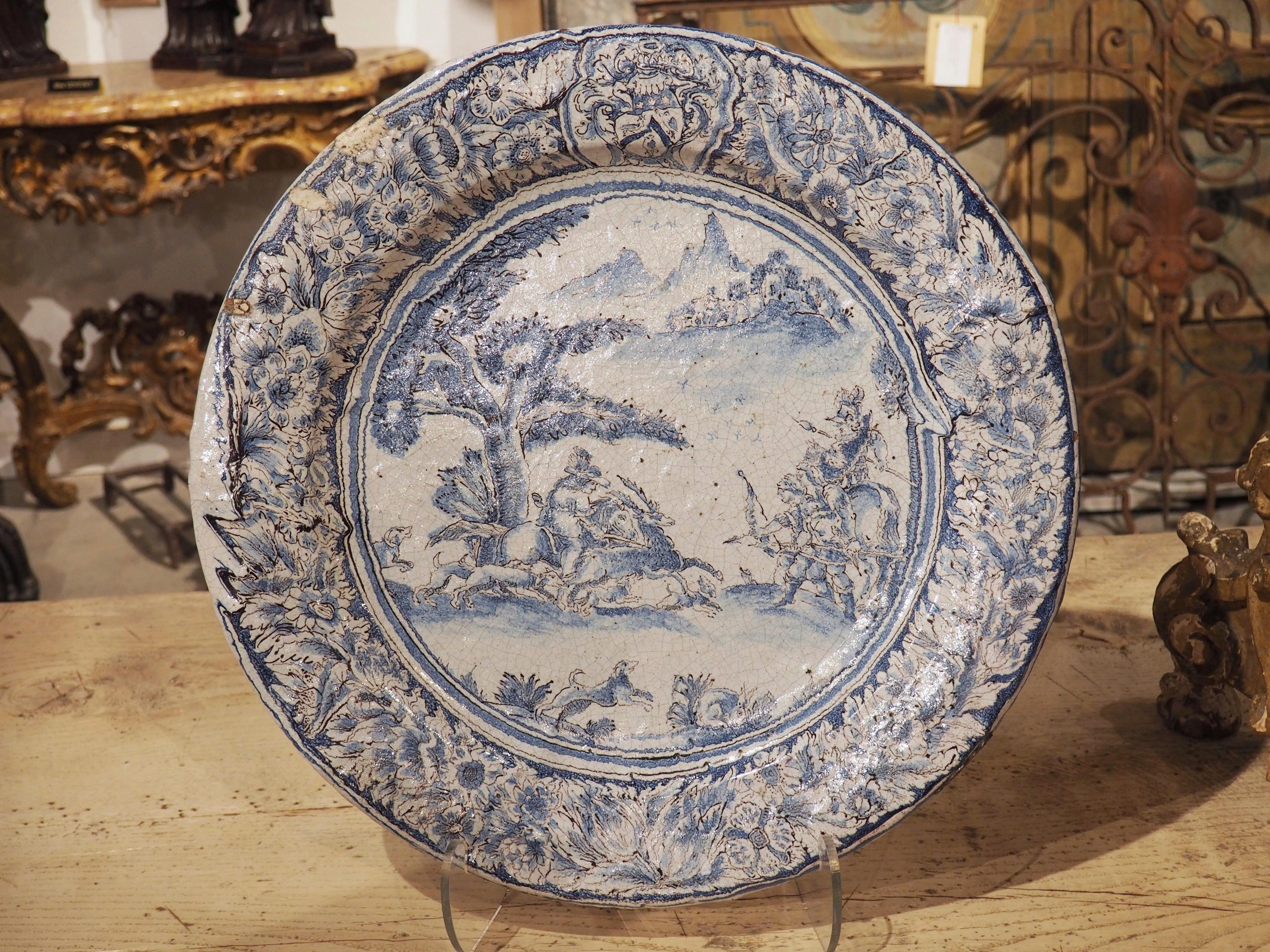 Large 17th Century French Blue and White Faience Platter with Stag Hunt Scene 12