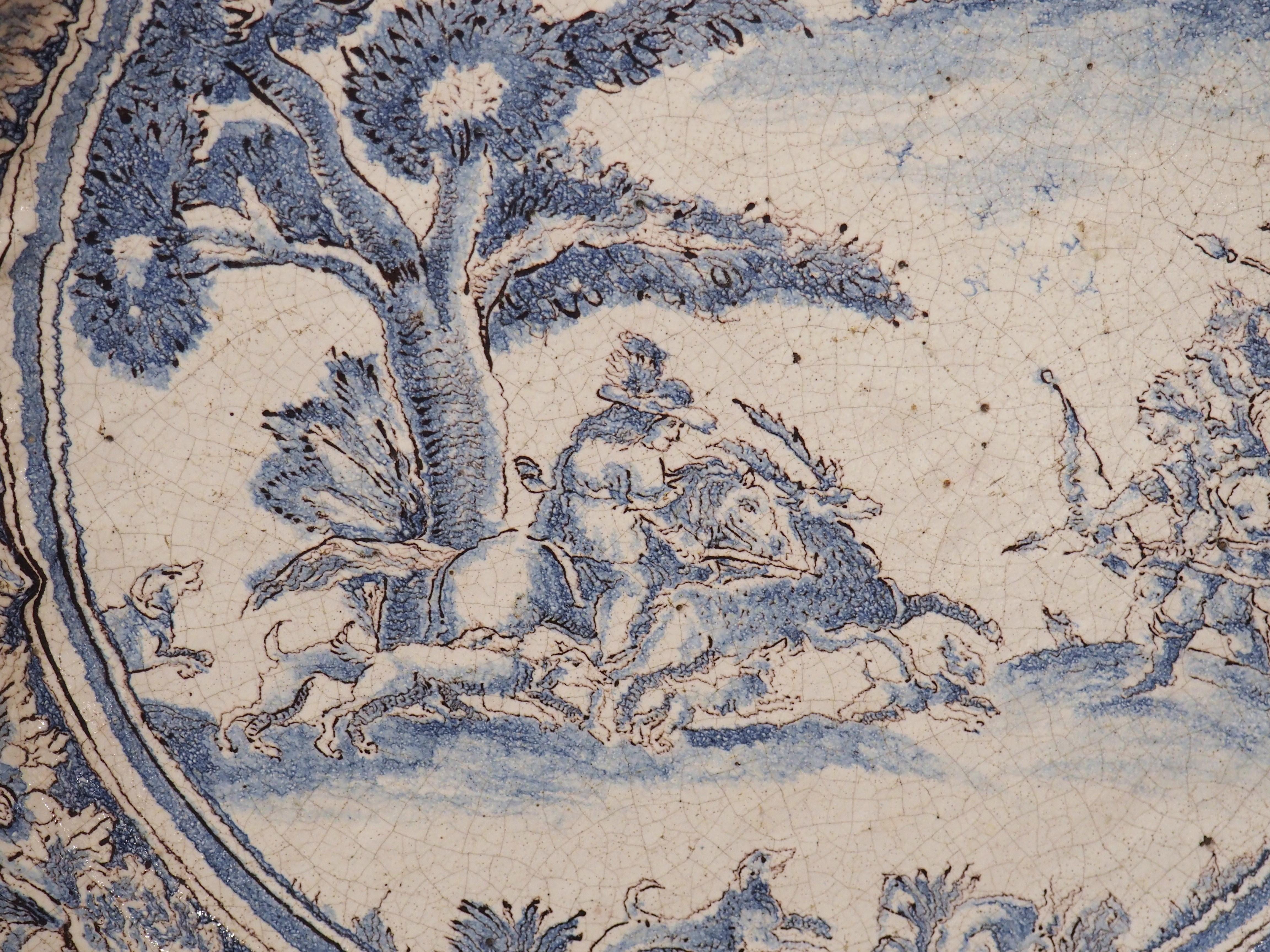 Hand-Painted Large 17th Century French Blue and White Faience Platter with Stag Hunt Scene