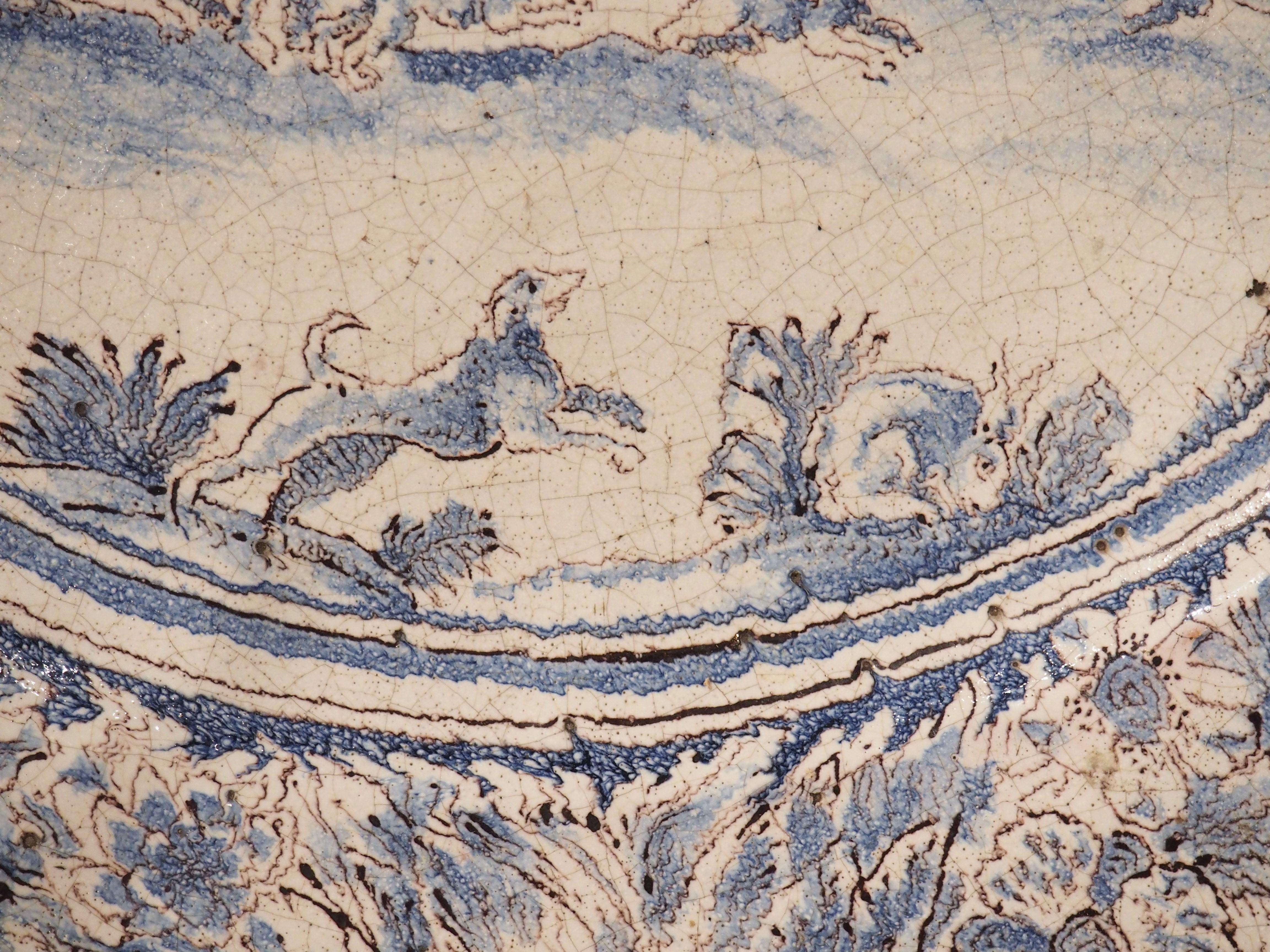 Large 17th Century French Blue and White Faience Platter with Stag Hunt Scene 1