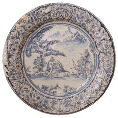 Antique Large 17th Century French Blue and White Faience Platter with Stag Hunt Scene