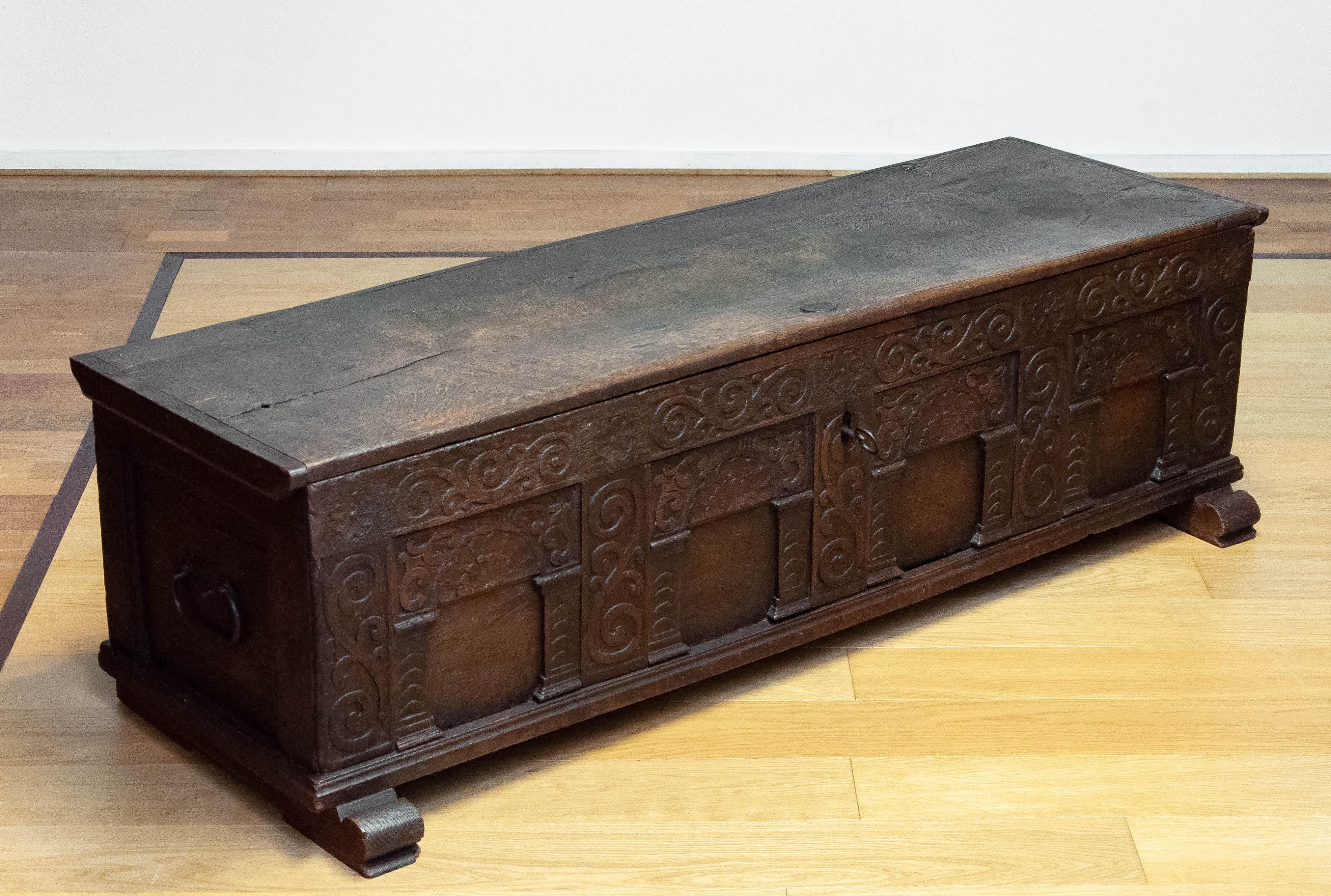 Gothic Large 17th Century German Continental Oak Coffer Chest. For Sale