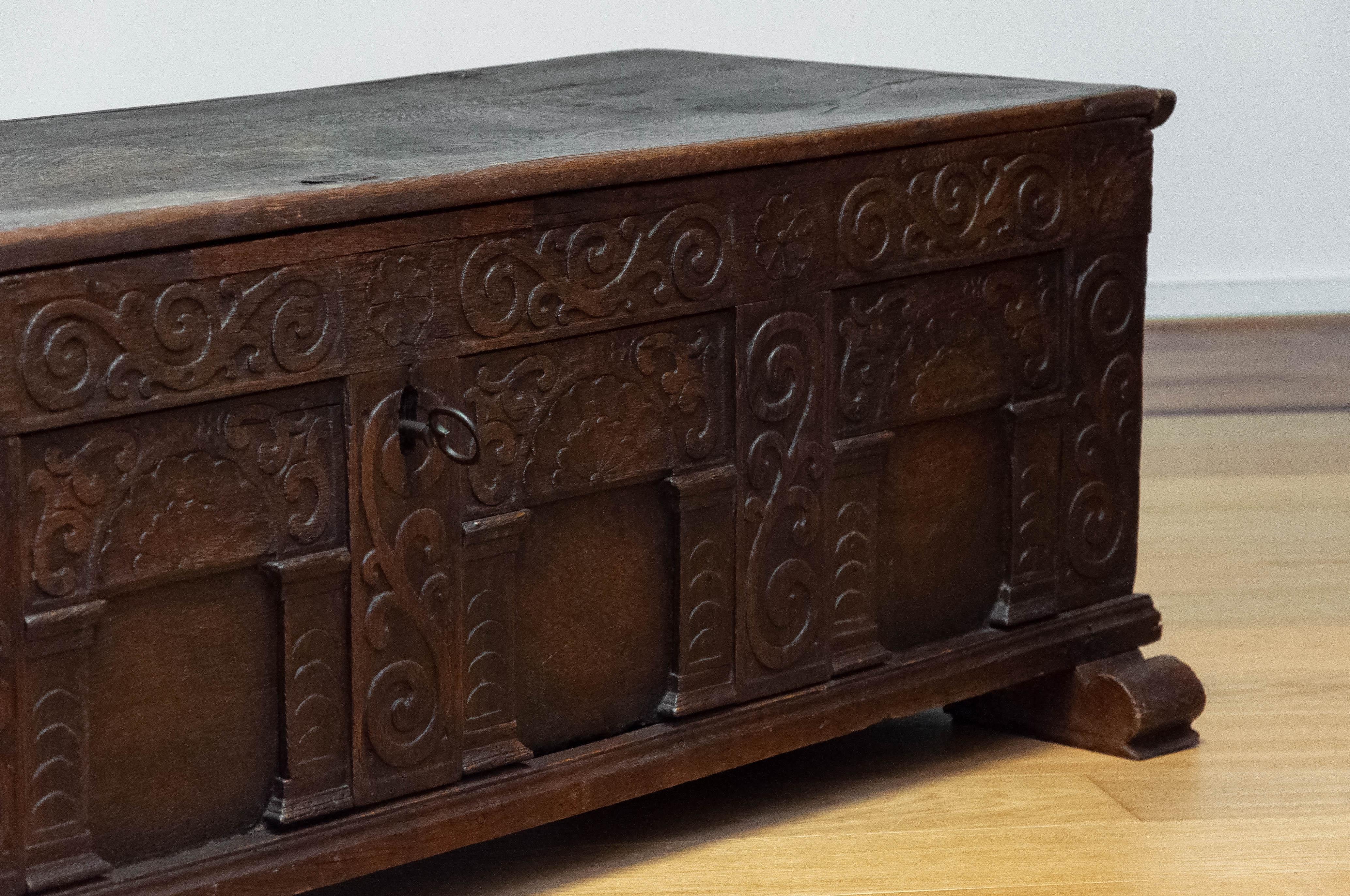 18th Century and Earlier Large 17th Century German Continental Oak Coffer Chest. For Sale