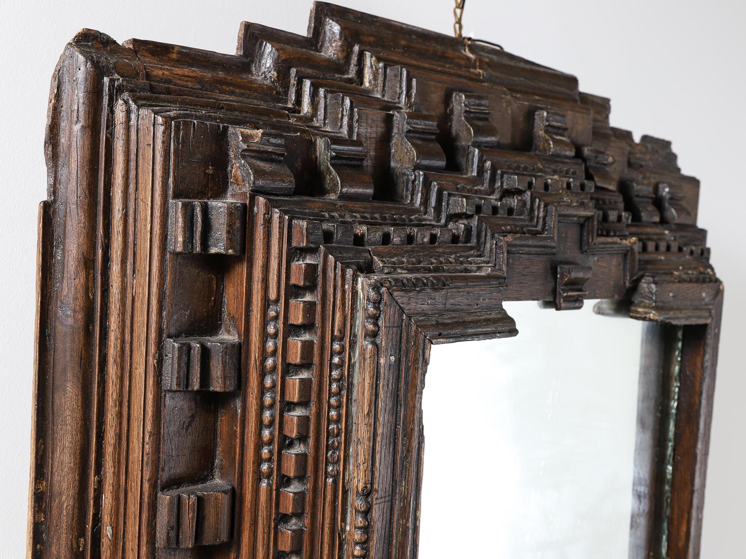Large 17th Century hand carved wood mirror For Sale 2