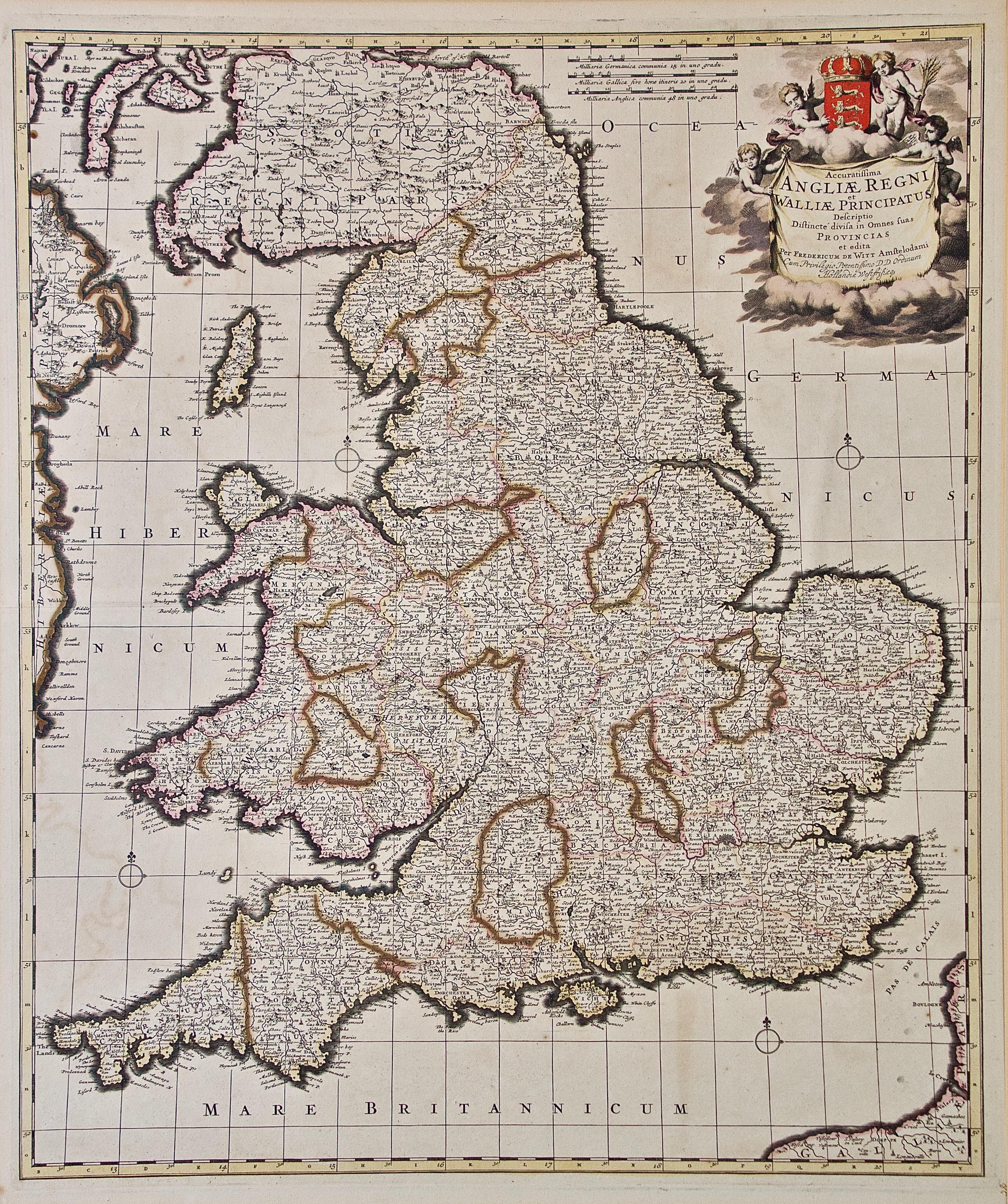 A large hand colored 17th century map of England and the British Isles by Frederick de Wit entitled 