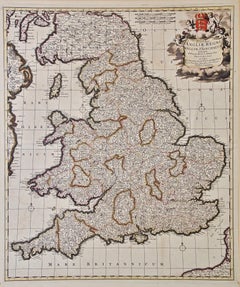 Grande mappa dell'Inghilterra e delle isole britanniche colorata a mano del XVII secolo di de Wit