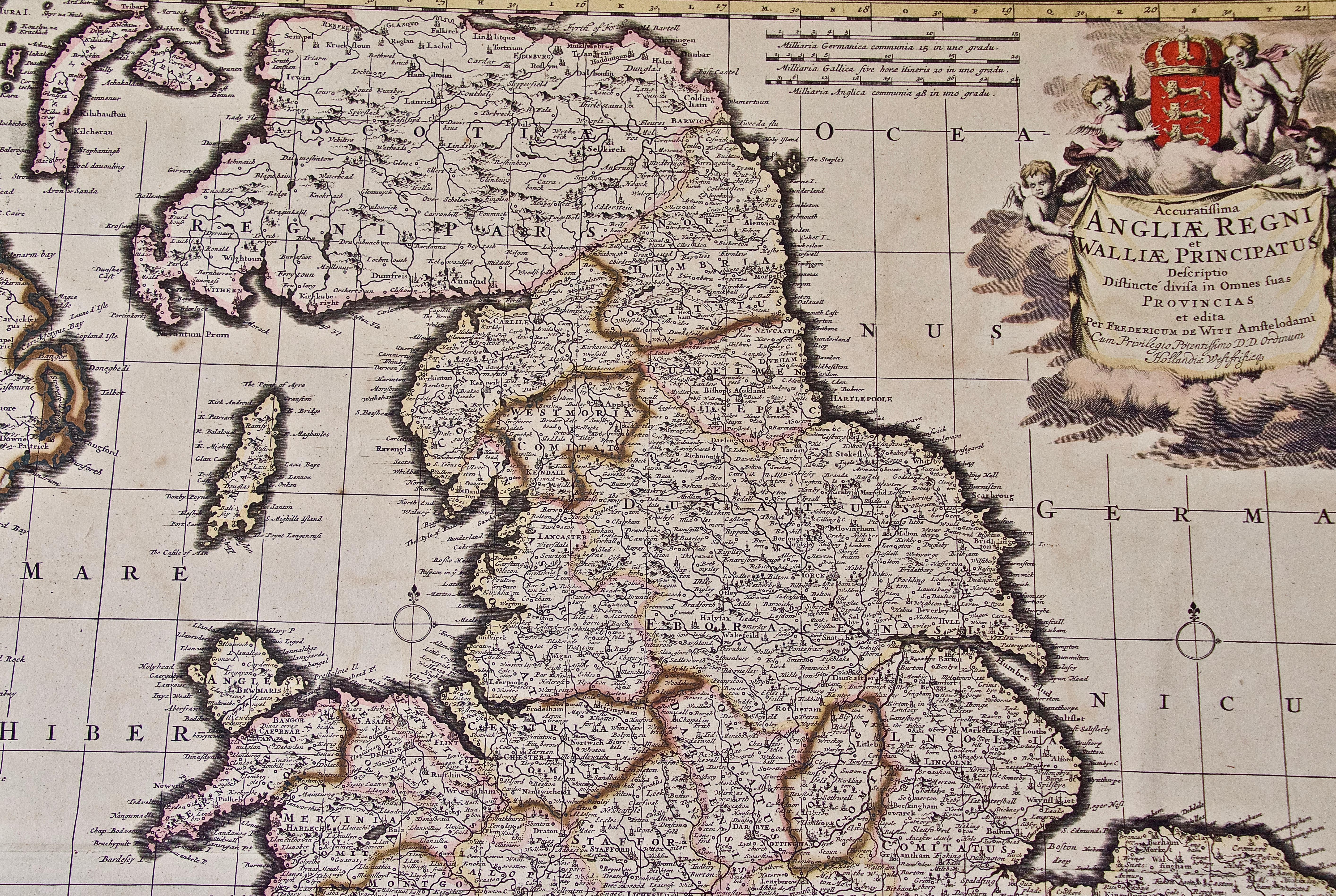 Dutch Large 17th Century Hand Colored Map of England and the British Isles by de Wit For Sale