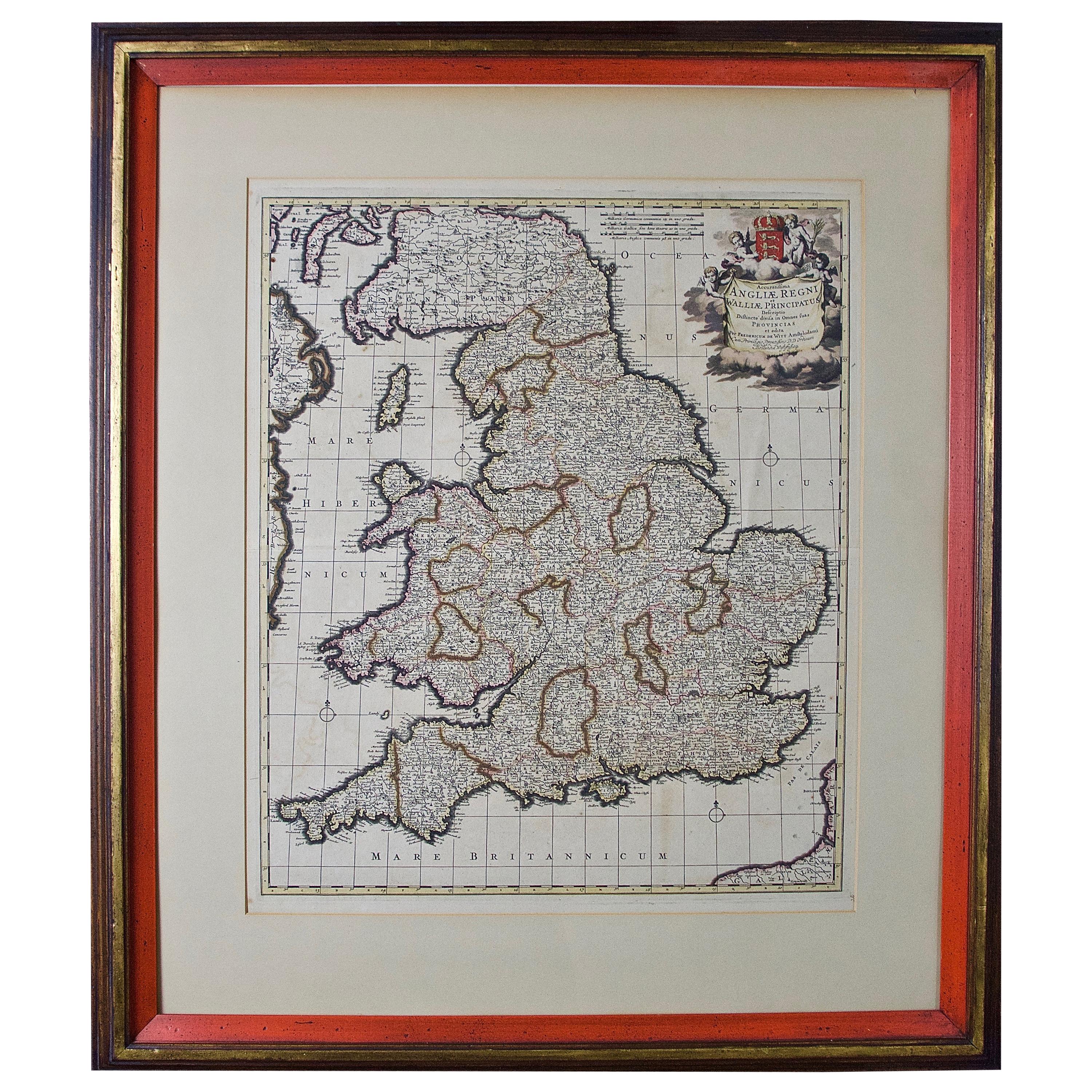 Große handkolorierte Karte von England und den Britischen Inseln aus dem 17. Jahrhundert von de Wit im Angebot