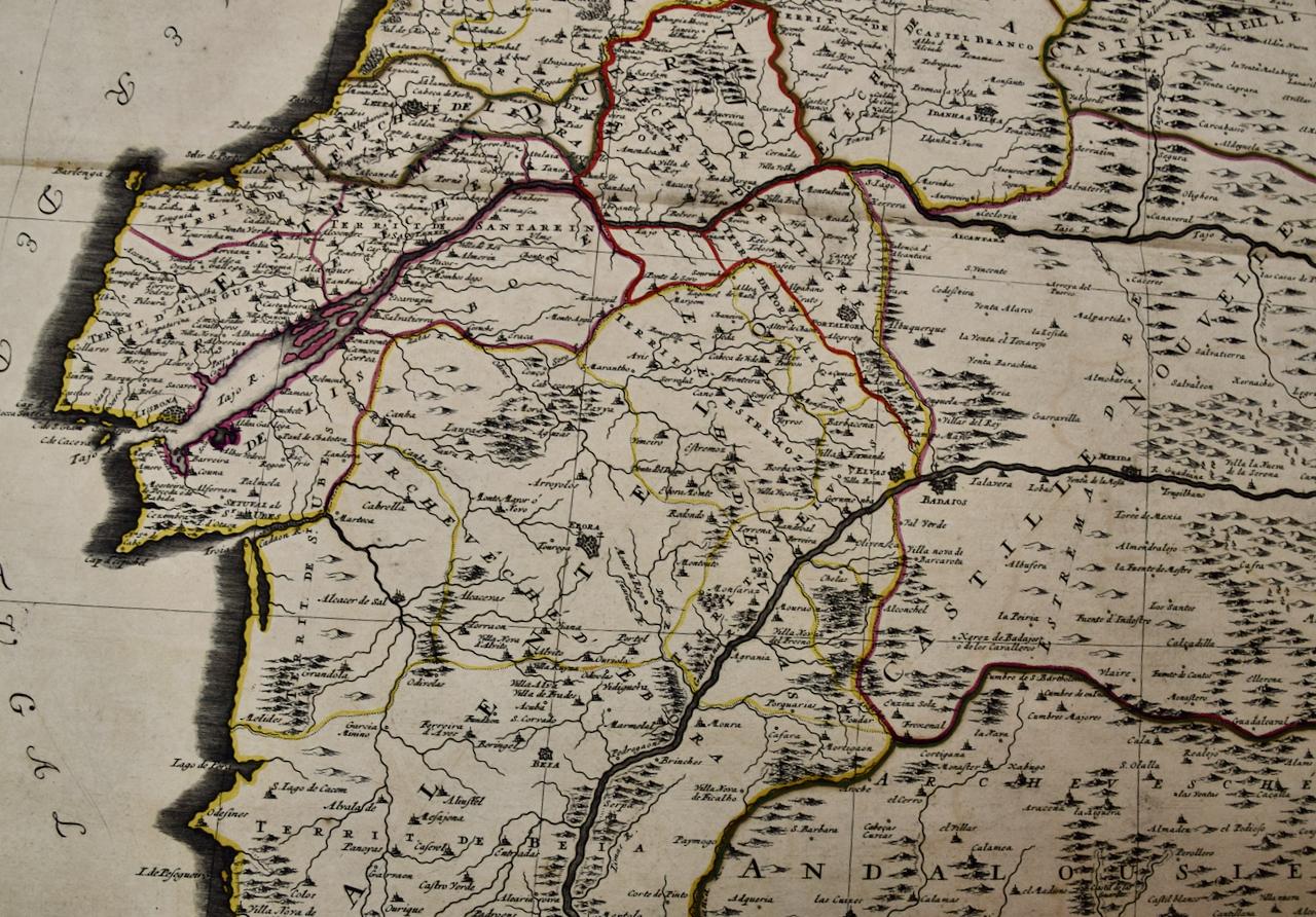 Fine XVII secolo Portogallo: Una grande mappa colorata a mano del XVII secolo di Sanson e Jaillot in vendita
