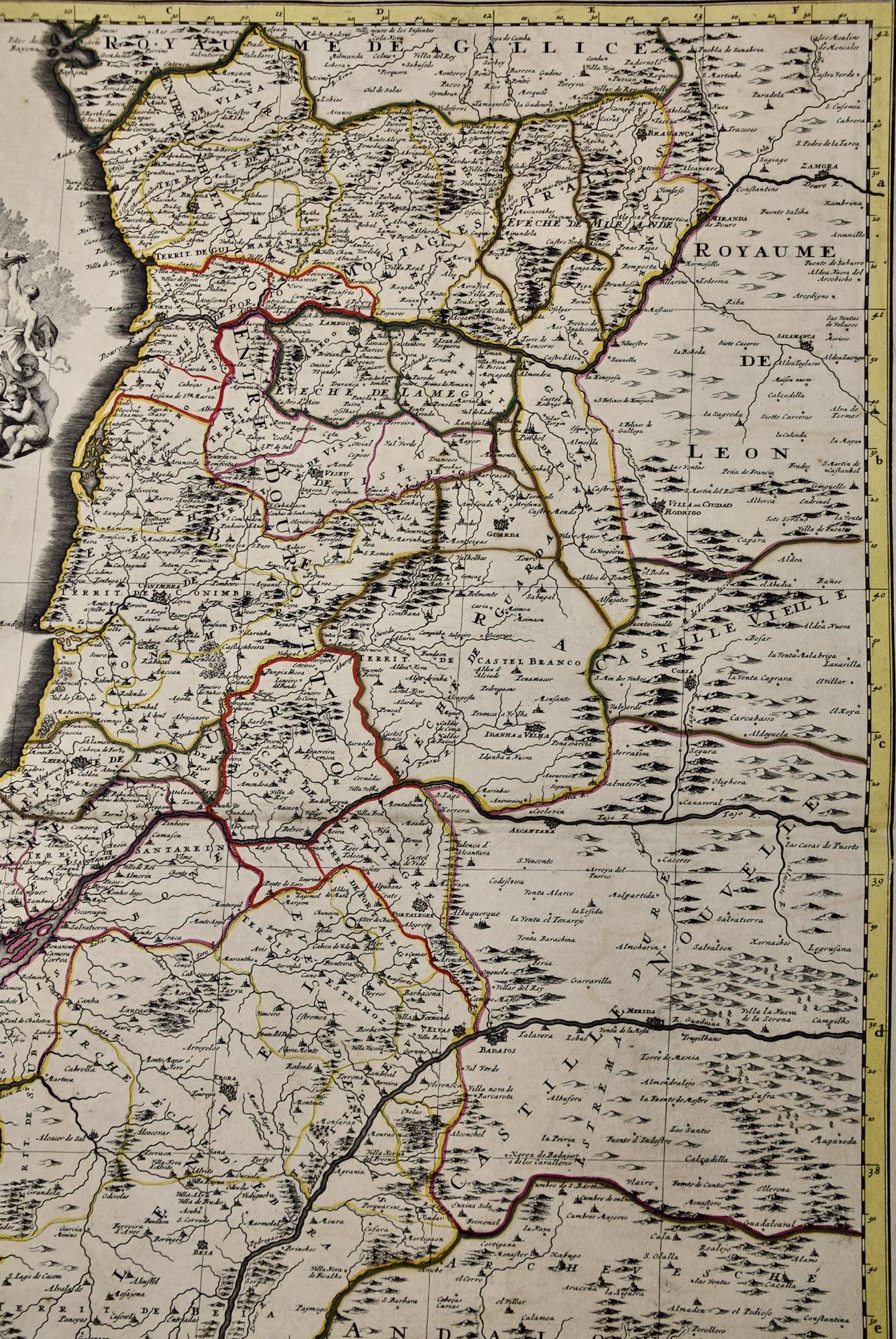 Engraved Portugal: A Large 17th Century Hand-colored Map by Sanson and Jaillot For Sale