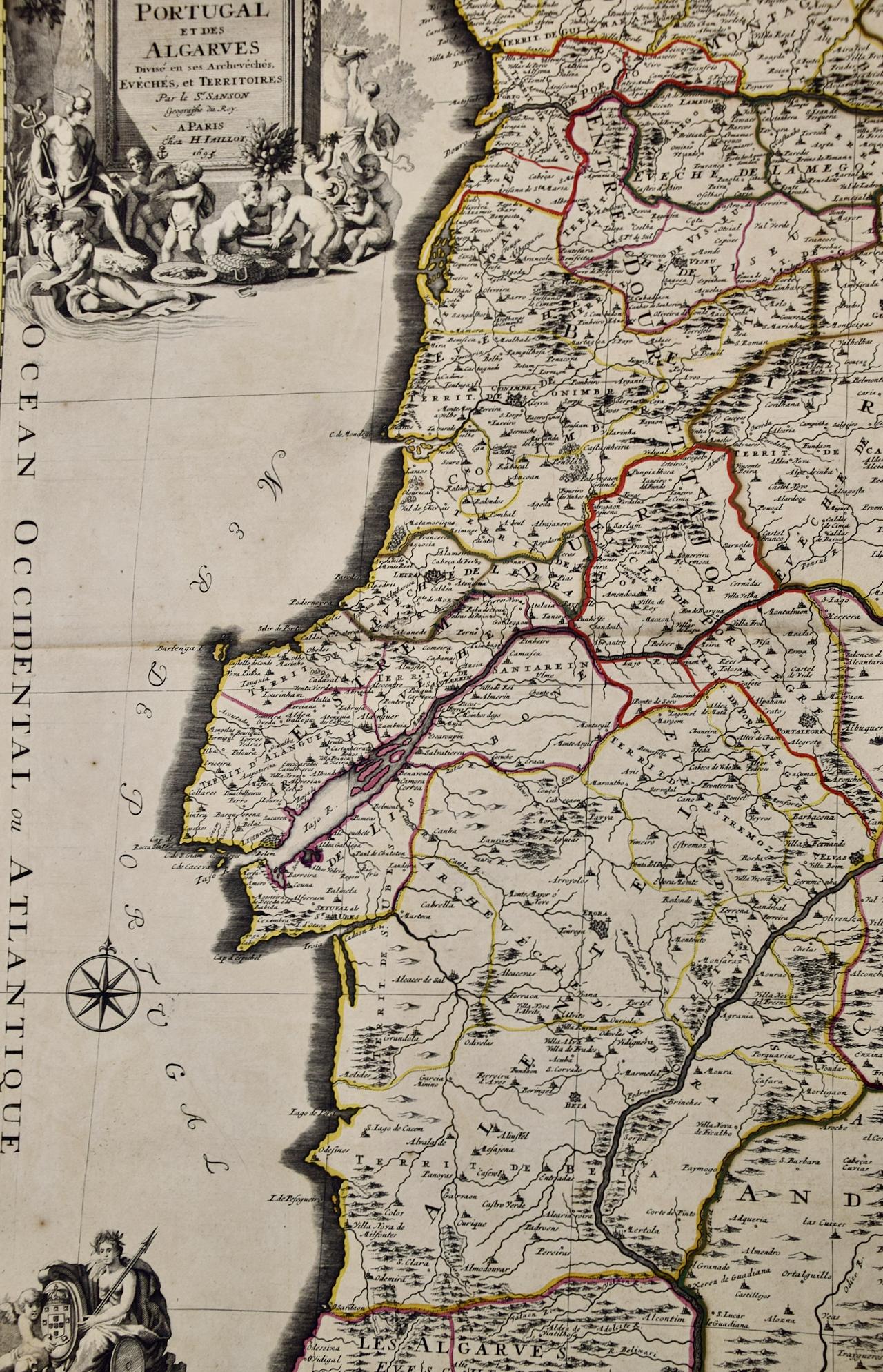 Late 17th Century Portugal: A Large 17th Century Hand-colored Map by Sanson and Jaillot For Sale