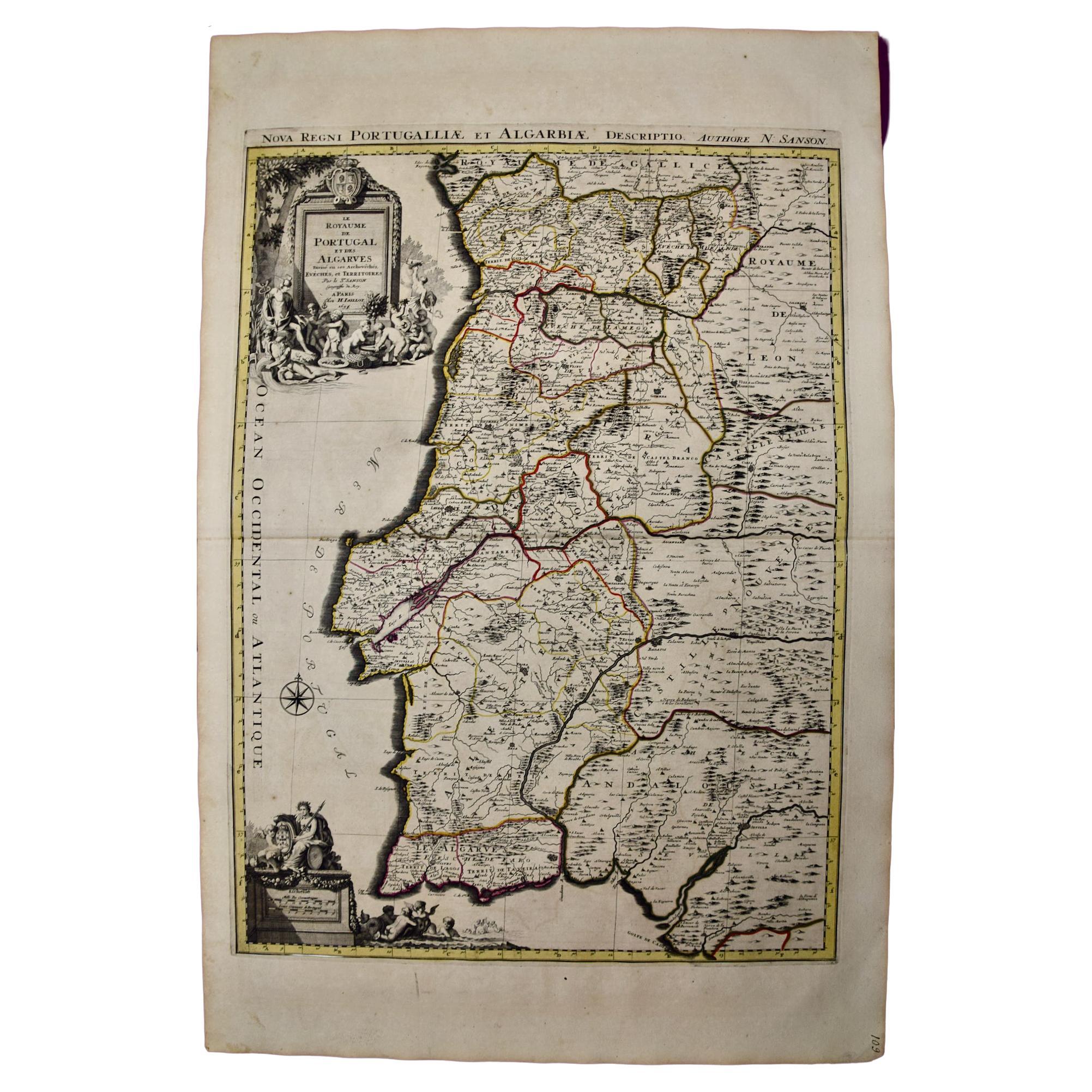 Portugal: A Large 17th Century Hand-colored Map by Sanson and Jaillot For Sale