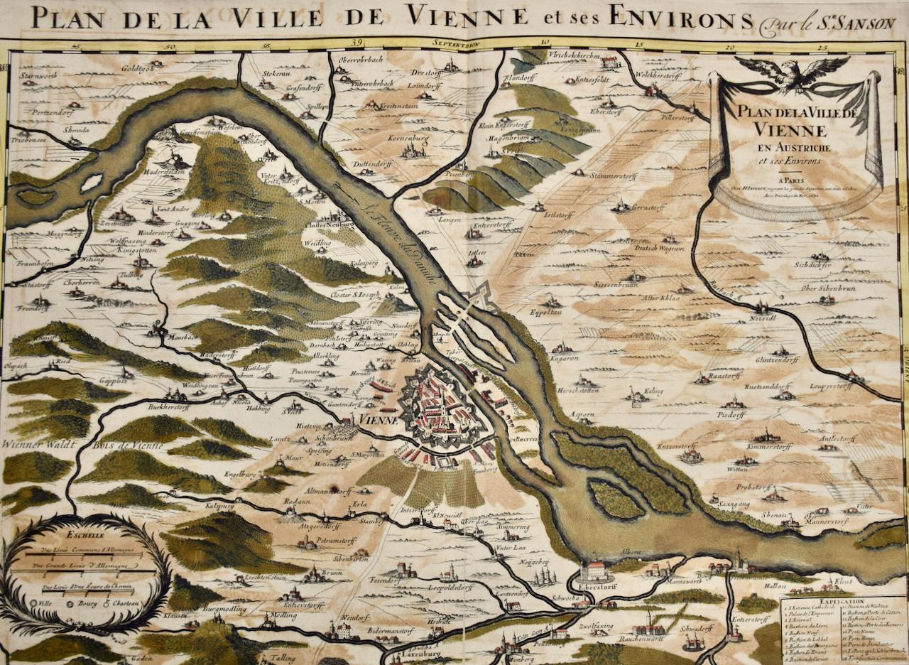 This large 17th century hand-colored map of Vienna, Austria and the surrounding countryside and villages entitled 