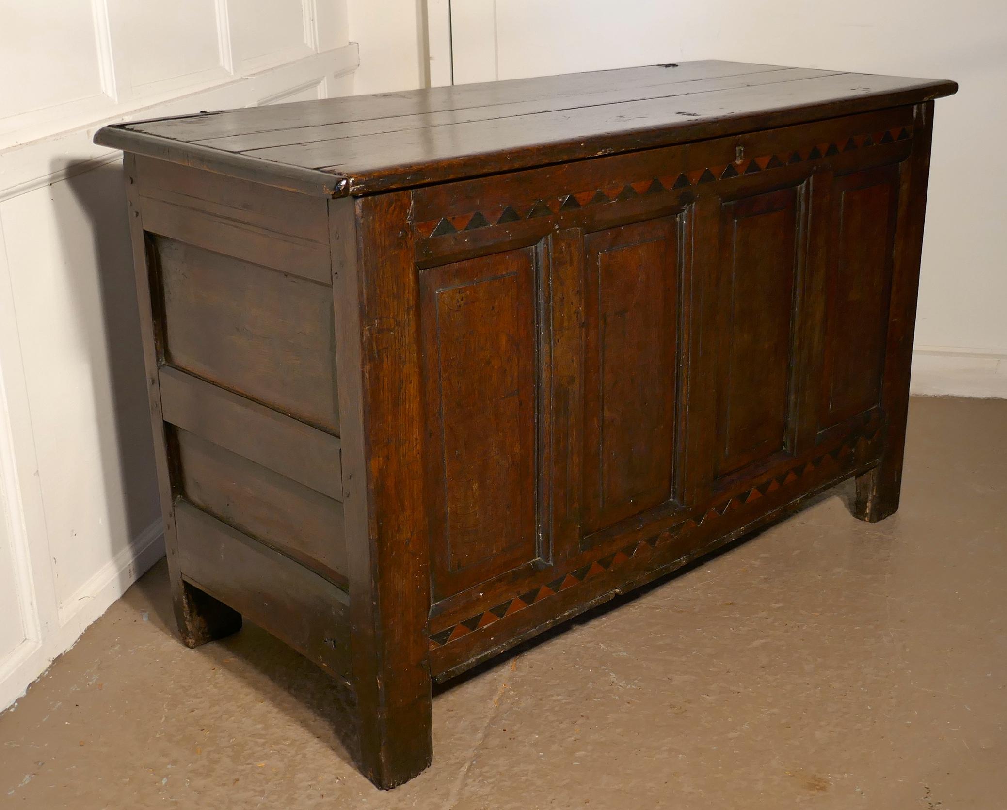 18th Century and Earlier Large 17th Century Inlaid Panelled Oak Coffer For Sale