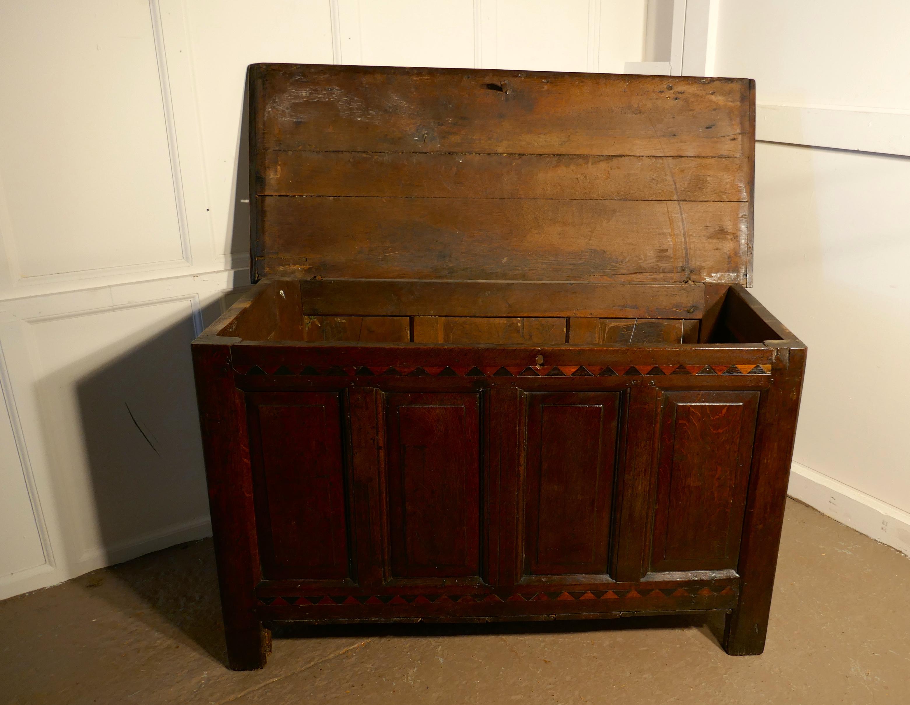 Large 17th Century Inlaid Panelled Oak Coffer For Sale 2