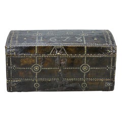 Large 17th Century Leather Studded Coffer Dated 1678