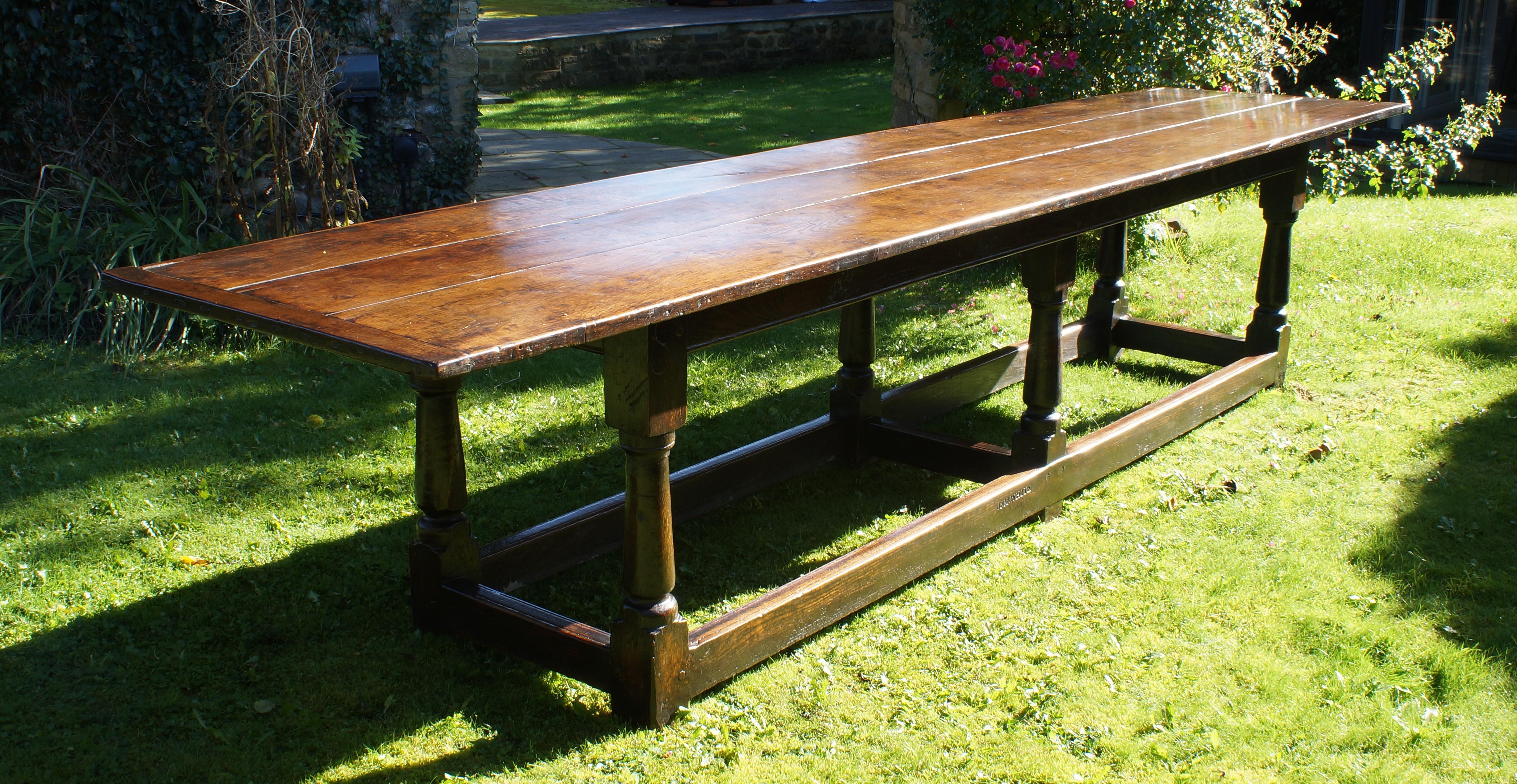 A very good oak six legged refectory table dating to the later part of the 17th Century.
Having a three piece cleated top, sitting on six tapering turned legs which are joined by a moulded peripheral stretcher.
In excellent original condition and of