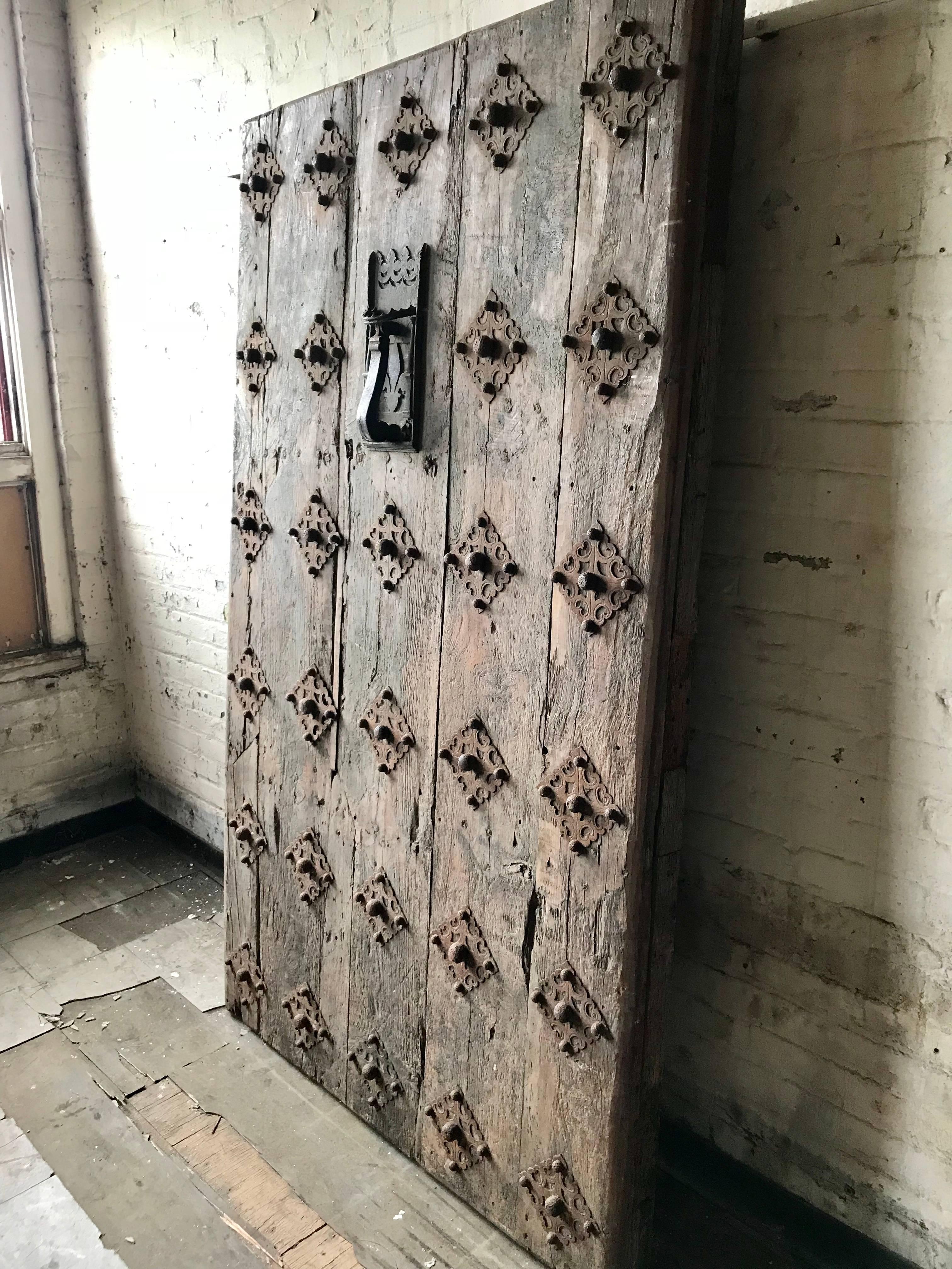 Hammered Large 17th Century Spanish Chestnut Wood Door with Iron Hardware