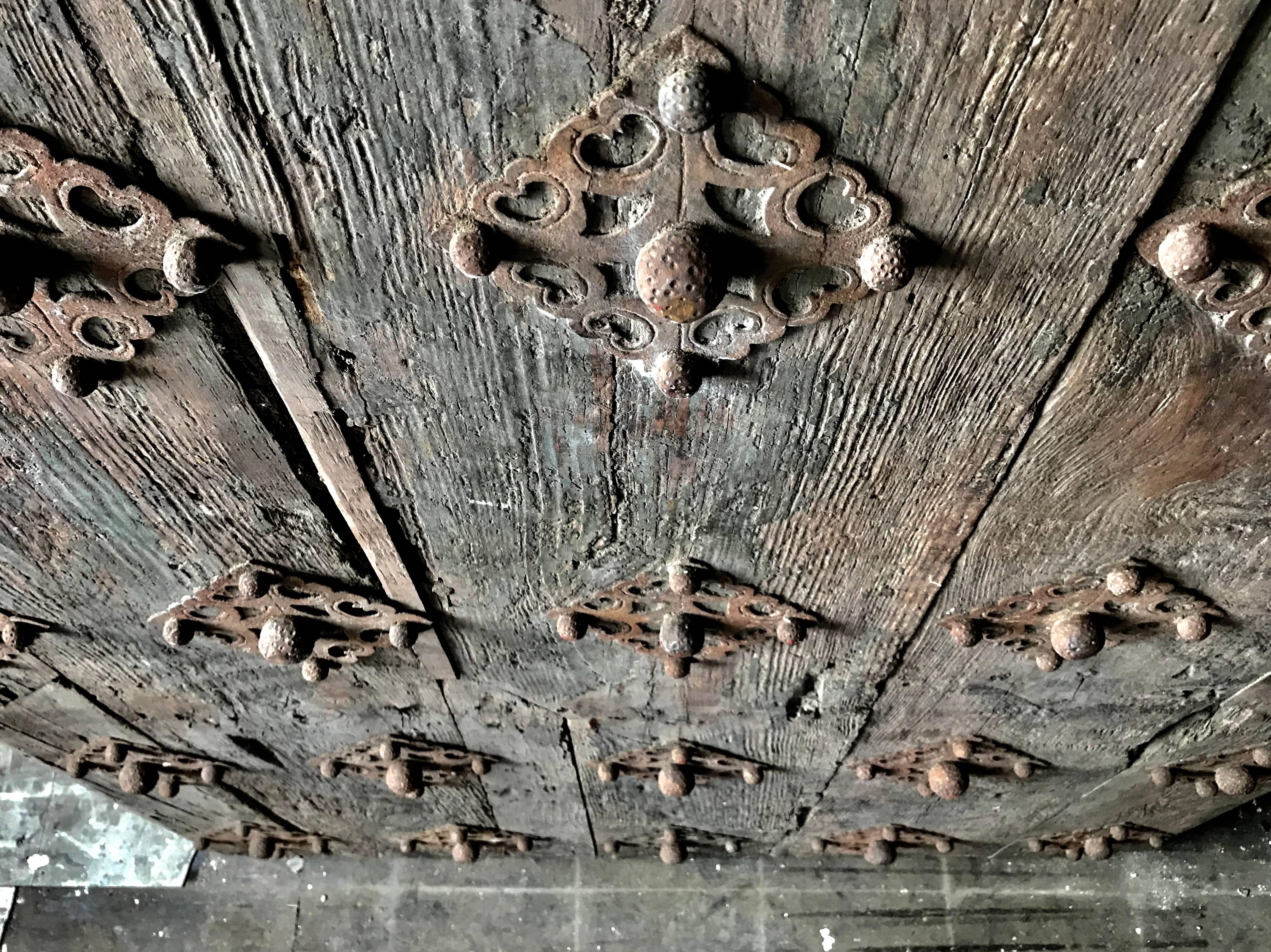 Large 17th Century Spanish Chestnut Wood Door with Iron Hardware 1