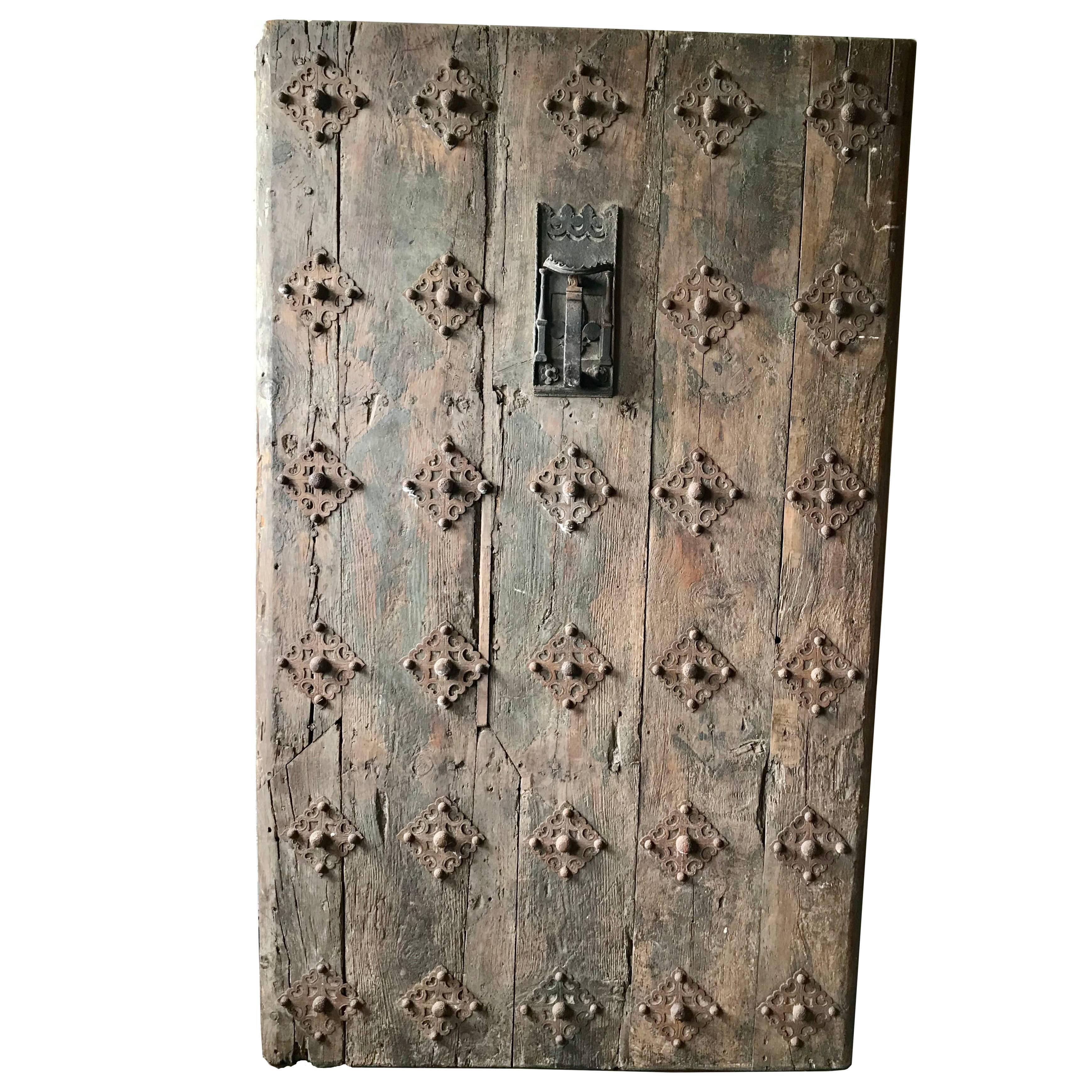 Large 17th Century Spanish Chestnut Wood Door with Iron Hardware