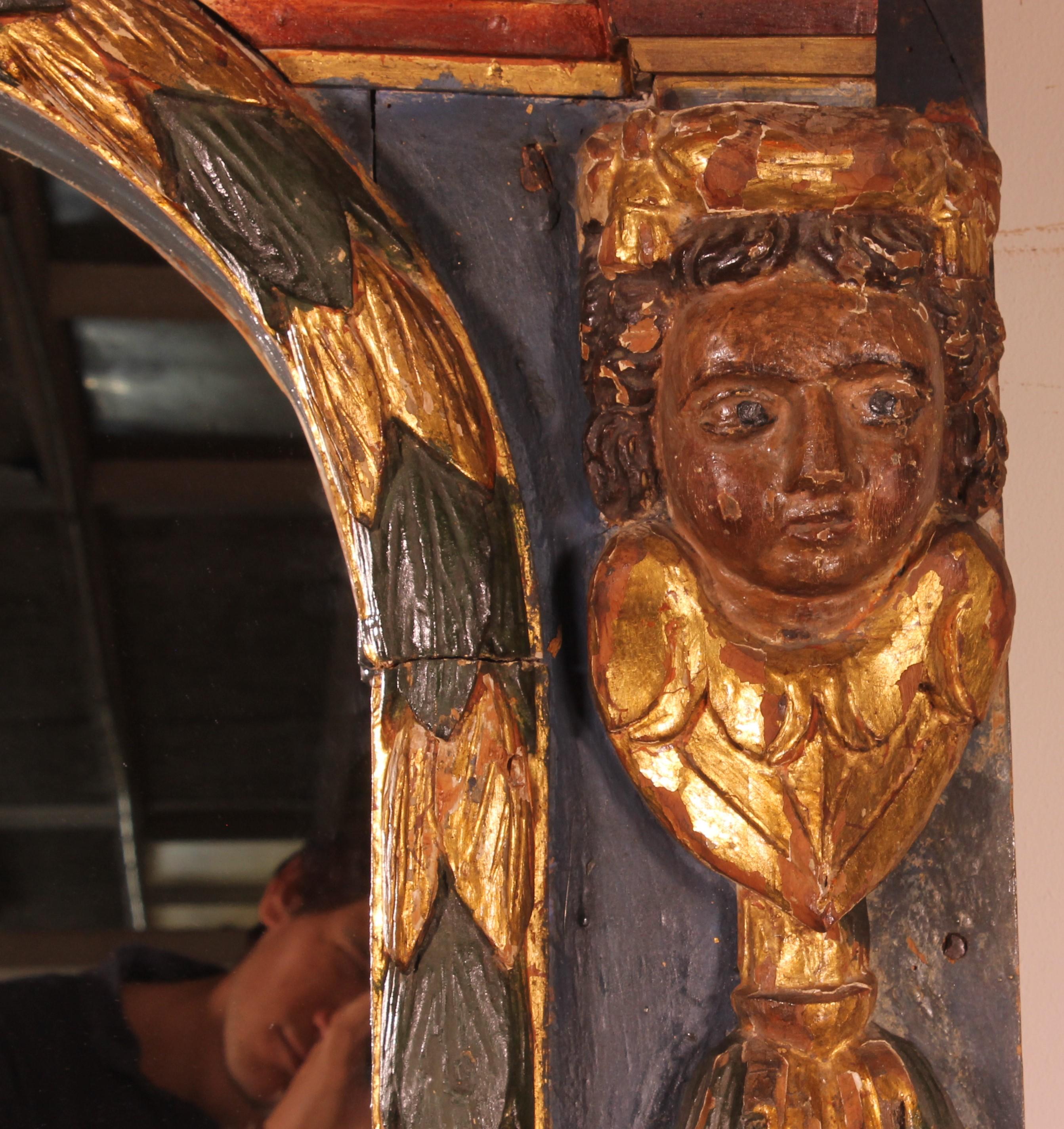 Fruitiers Grand miroir espagnol du 17ème siècle en bois polychrome en vente