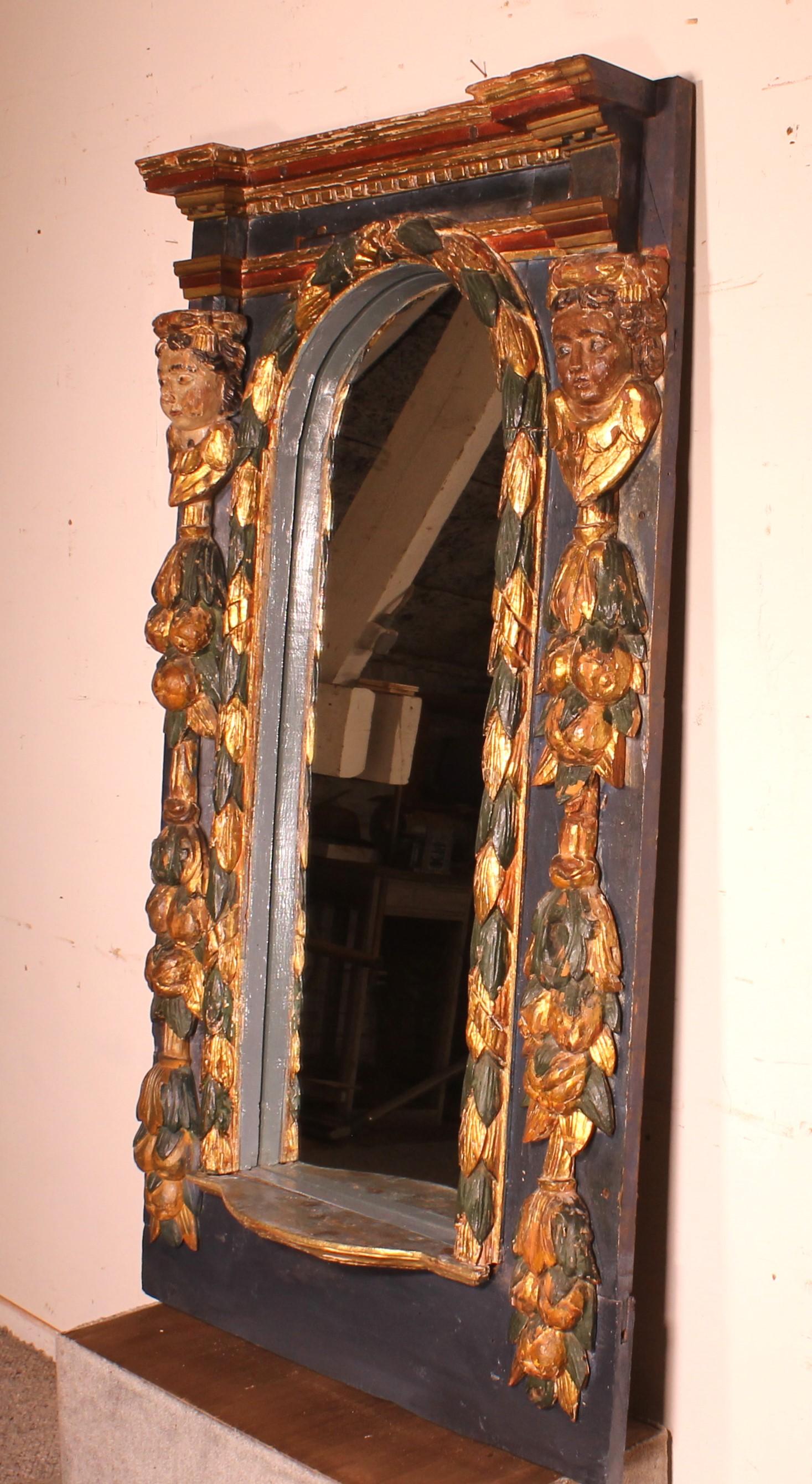 Large 17th Century Spanish Mirror In Polychrome Wood For Sale 3
